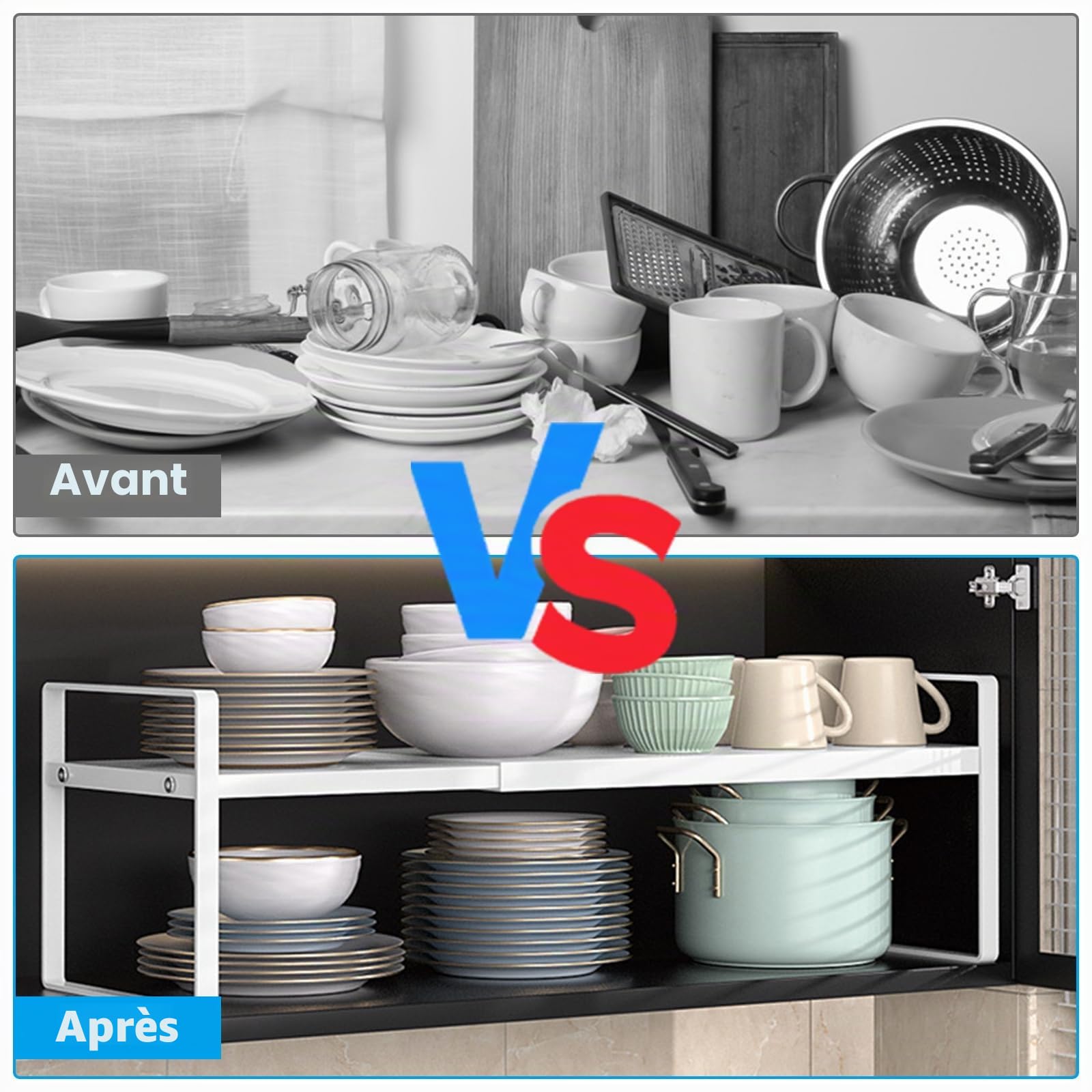 AKOLAFE 2 Pièces Rangement Placard Cuisine Extensible 35-65 Cm, Étagère Rangement Cuisine Métal Blanc 22 x 17 cm, Organisateur Réglable pour Plan de Travail et Bureau