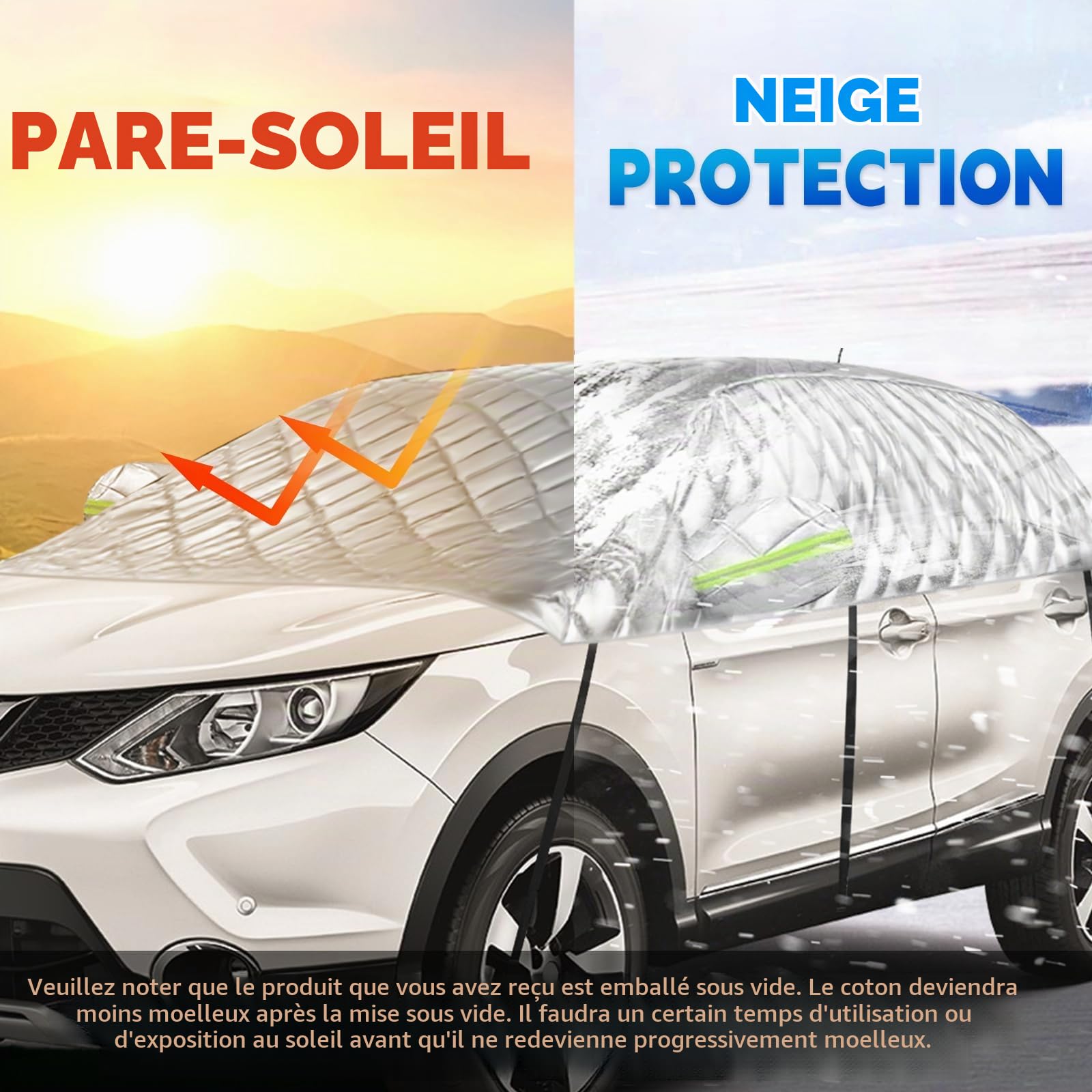 Demi Bâche Voiture Extérieur pour Nissan Qashqai 2013-2025, Demi Housse de Protection Anti-Neige Anti-Glace Mi-couvrante pour Automobiles | Demi bâche épaisse, protection contre le soleil, la pluie et la poussière, été, hiver, extérieur, intérieur