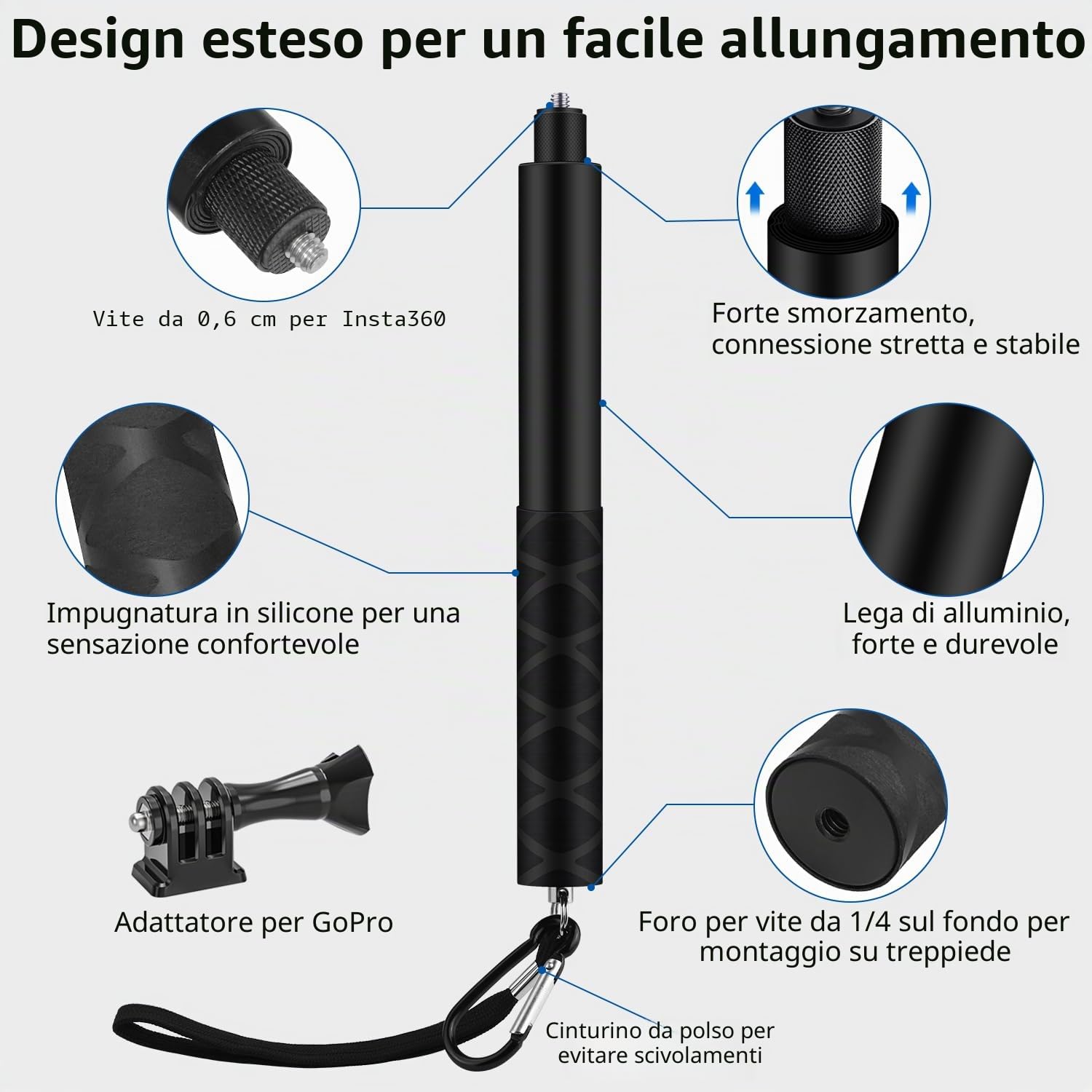 Wiseten 150CM Bastone Selfie Asta per GoPro Insta360, Allungabile Selfie Stick Vlog Maniglia Portatile Fotocamera Accessori per GoPro Hero 13 12 11 10 9 Black insta 360 X5 X4 X3 DJI Osmo Pocket 3 4