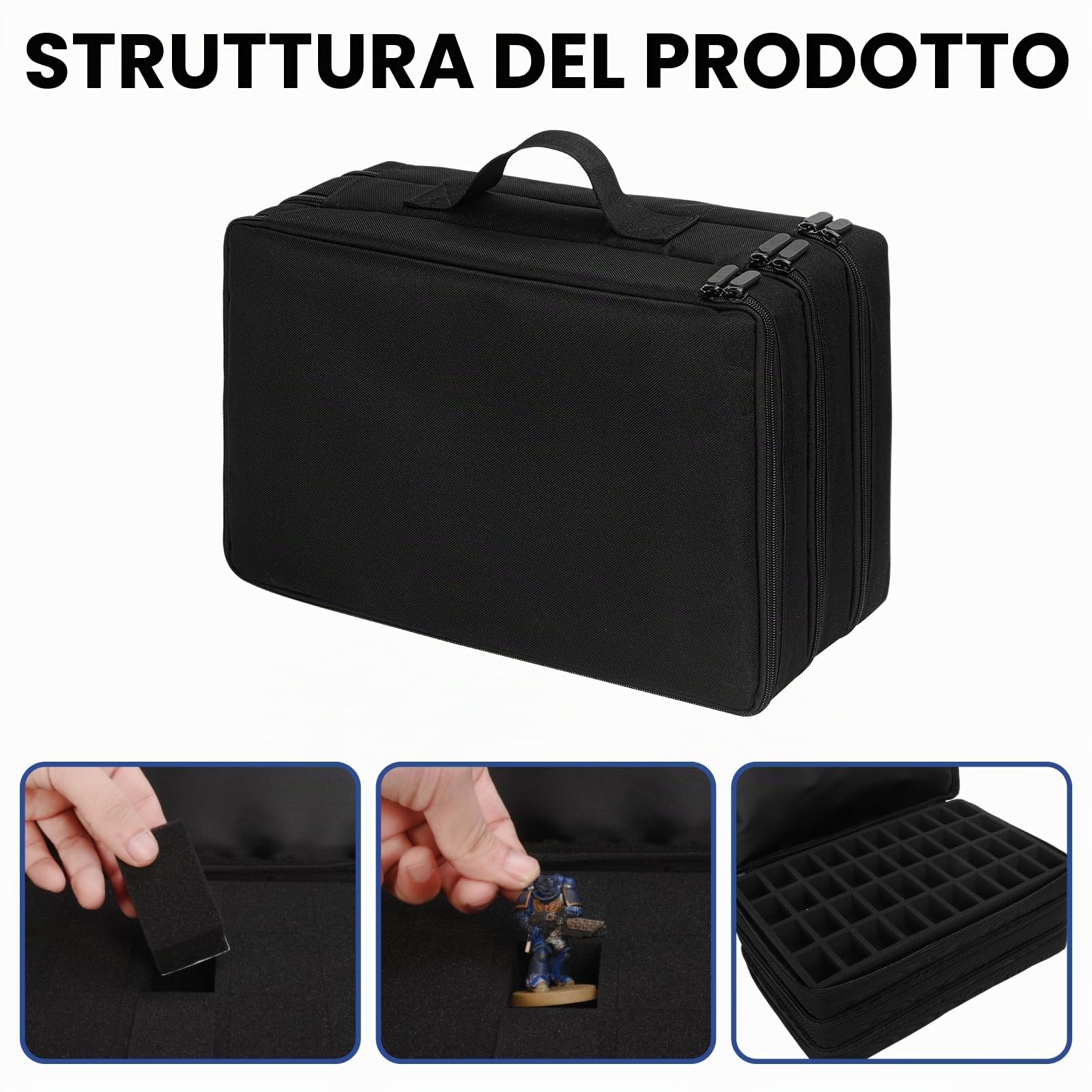 Valigia per il trasporto di miniature compatibile con 40k e DND, custodia per miniature con 120 slot e 3 inserti in schiuma adatta per miniature da 20 mm a 32 mm, Nero