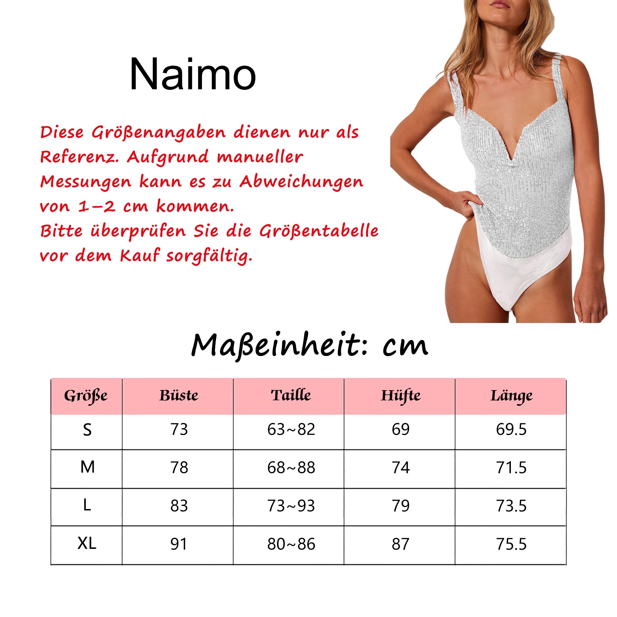 Naimo Body da donna con paillette, sexy, scollo a V, per feste, club, cami, senza maniche, con glitter