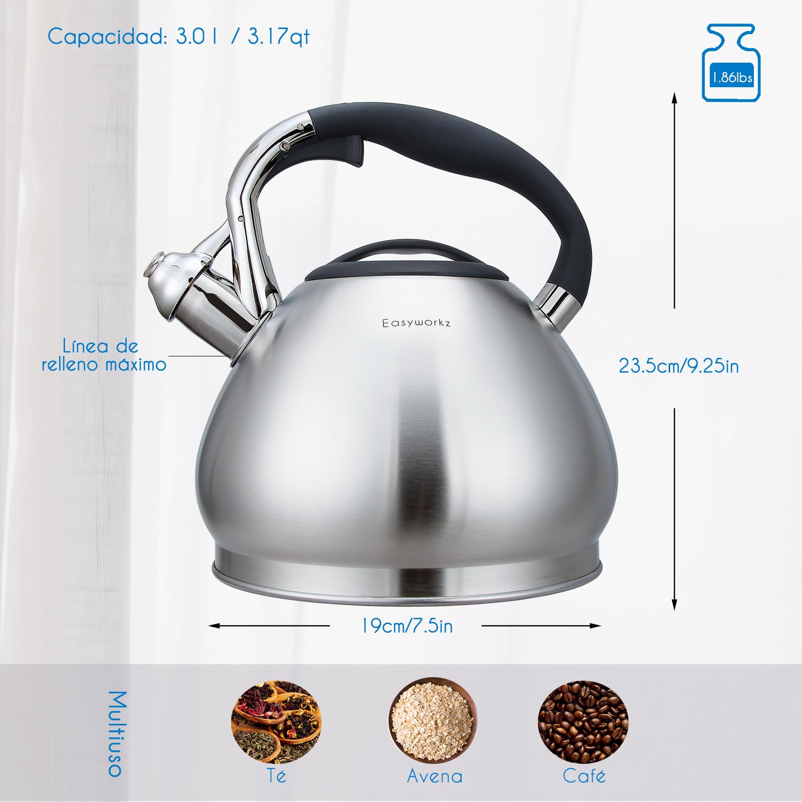 Easyworkz Estufa Silbante Hervidor de té Acero inoxidable Hervidor de agua caliente 3.0 l