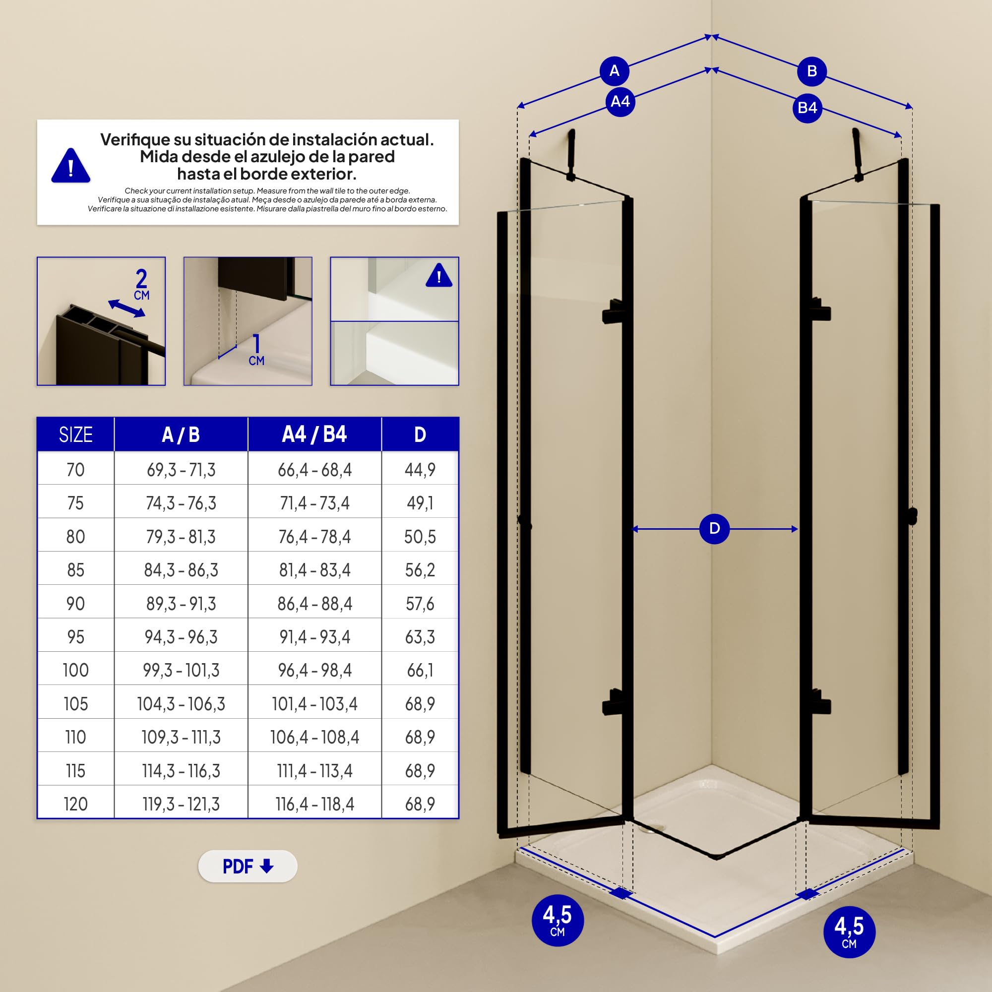 Mampara de Ducha Alice-70x75x180cm|REVERSIBLE|Puertas Abatibles, Ajuste 69,3-71,3x74,3-76,3cm|Perfiles Negros, Cristal Templado Transparente 6mm