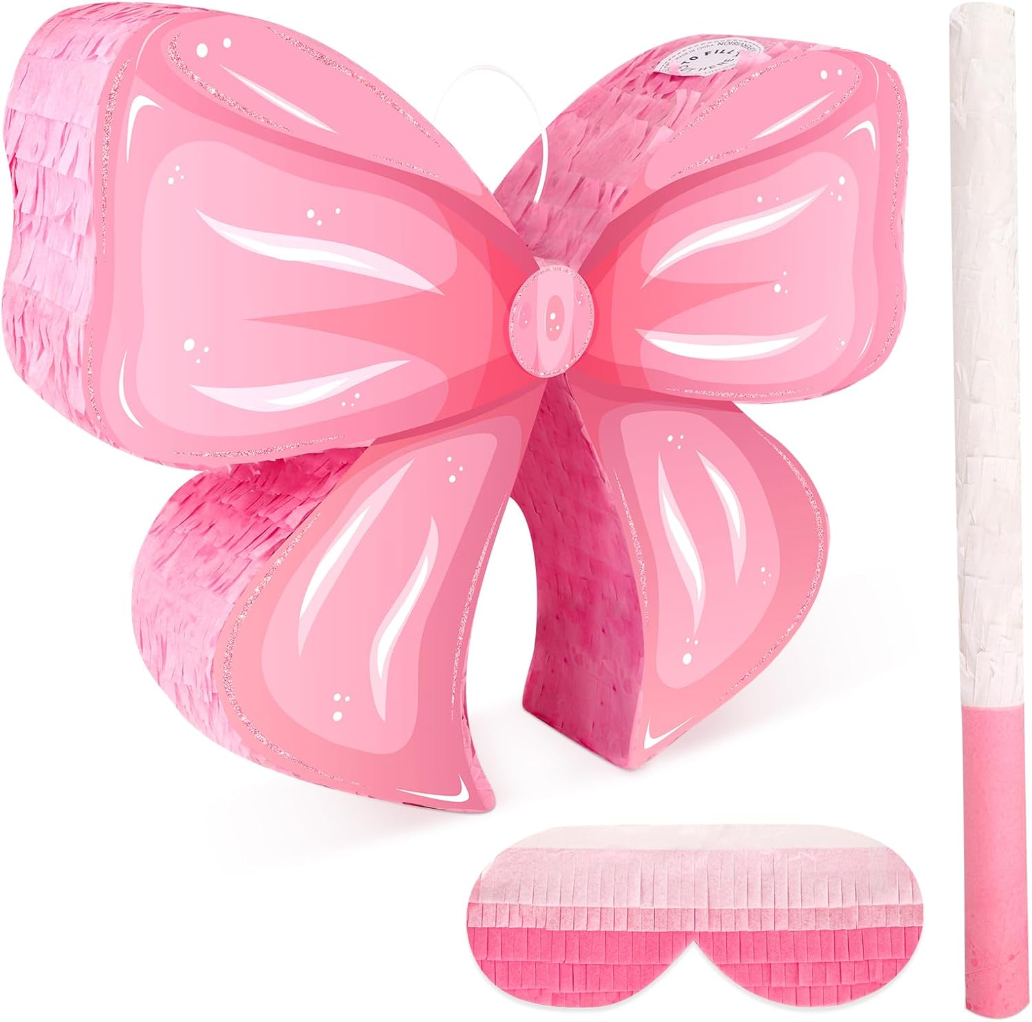Pink Bow Pinata Birthday Decorations for Kids Pink Bow Pinata with Bat Stick Blindfold for Girls Princess Theme Birthday Bridal Baby Shower Party Supplies (15.75x12.60x3.15 Inches)