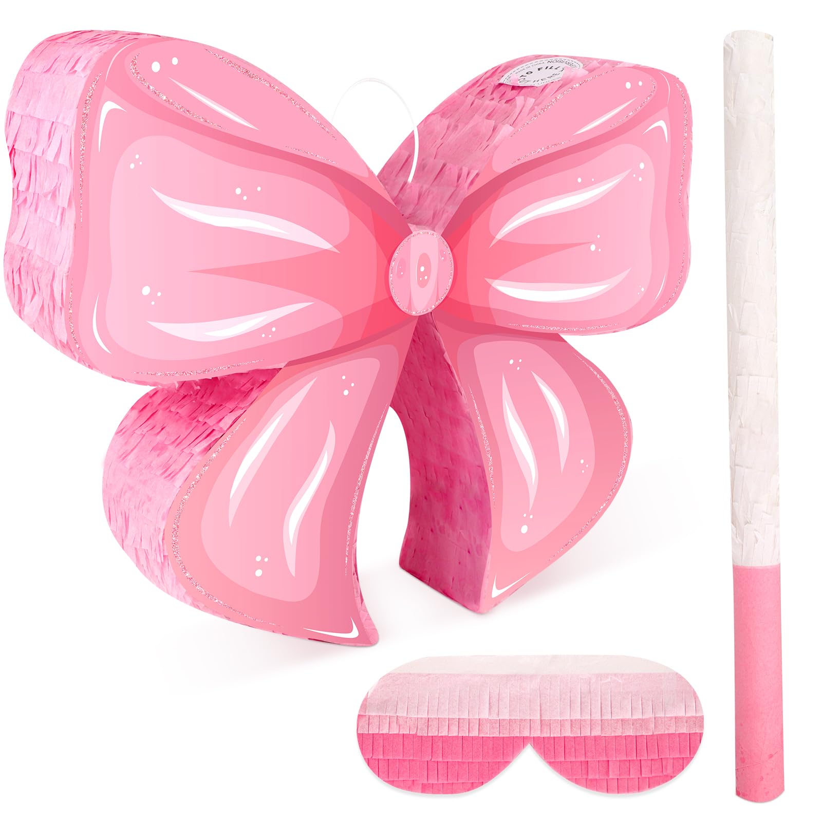 Adecortalk Pink Bow Pinata Birthday Decorations for Kids Pink Bow Pinata with Bat Stick Blindfold for Girls Princess Theme Birthday Bridal Baby Shower