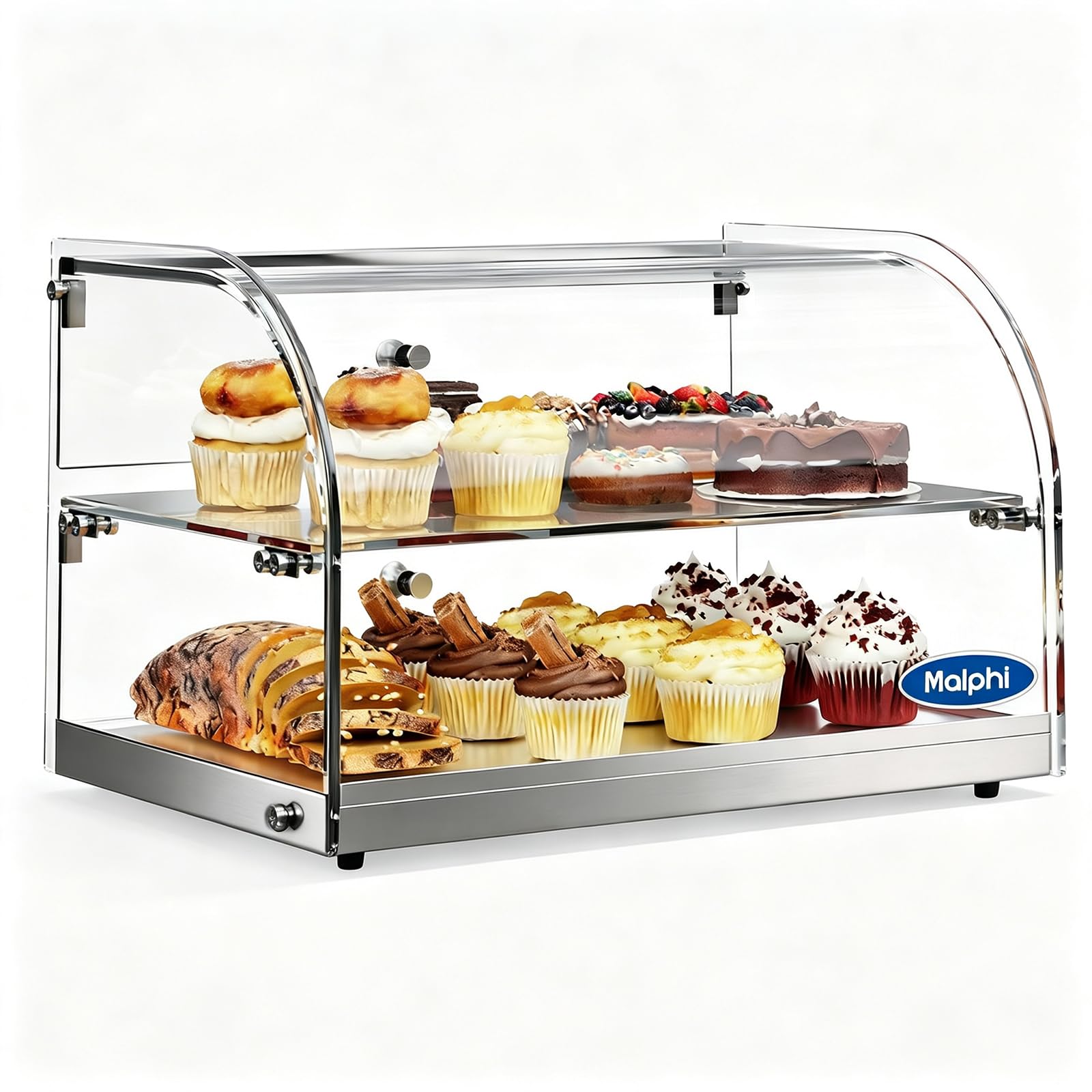 Vitrina curvada de cristal Malphi de 45 L para pan, pasteles y postres, vitrina comercial para panaderías y cafeterías, 561 x 385 x 371 mm (largo x ancho x alto)