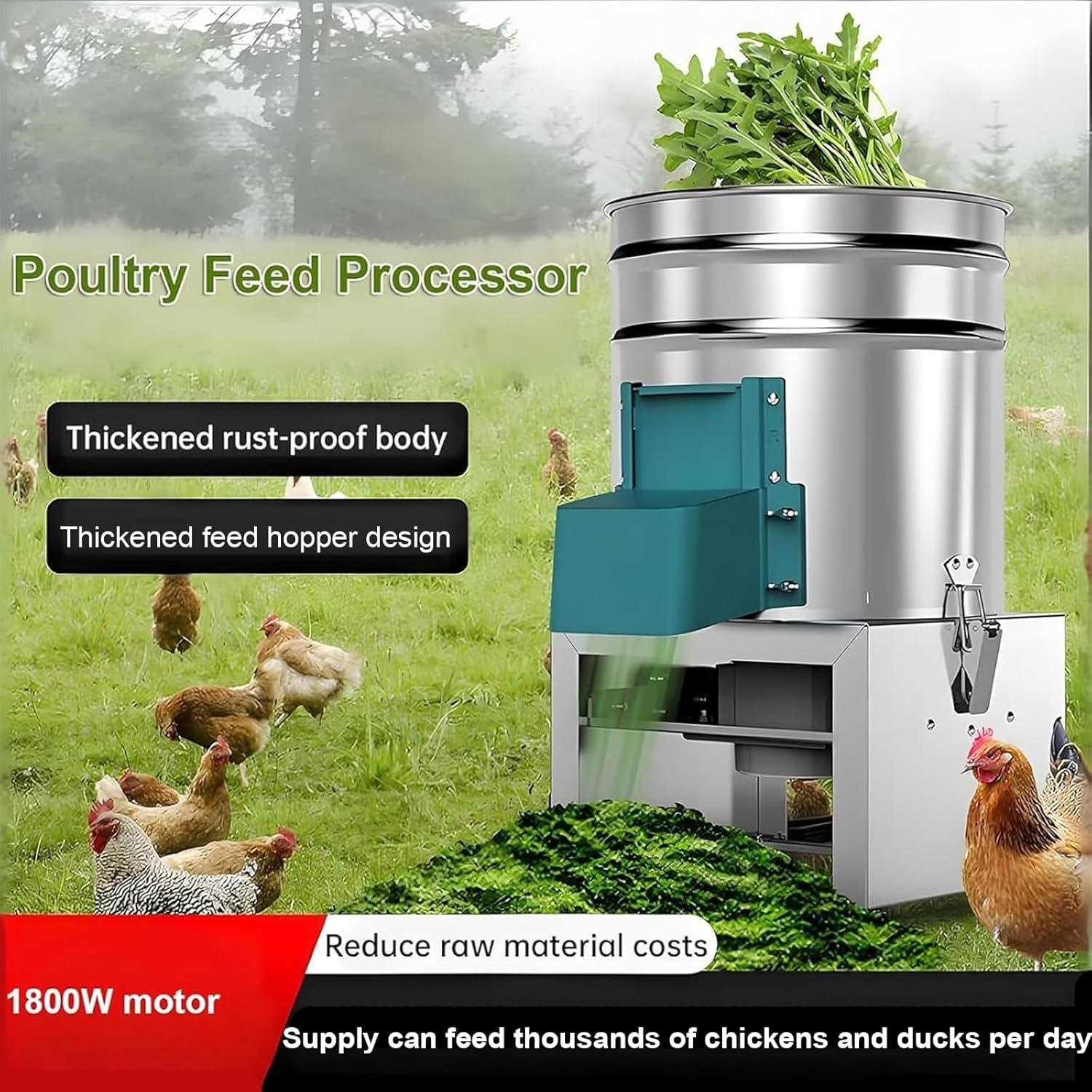 Picadora de verduras eléctrica comercial de 1800 W, cortadora trituradora multifuncional de acero inoxidable de 1100 kg/h, procesador de alimentos resistente con 4 cuchillas, velocidad de 1400 rpm