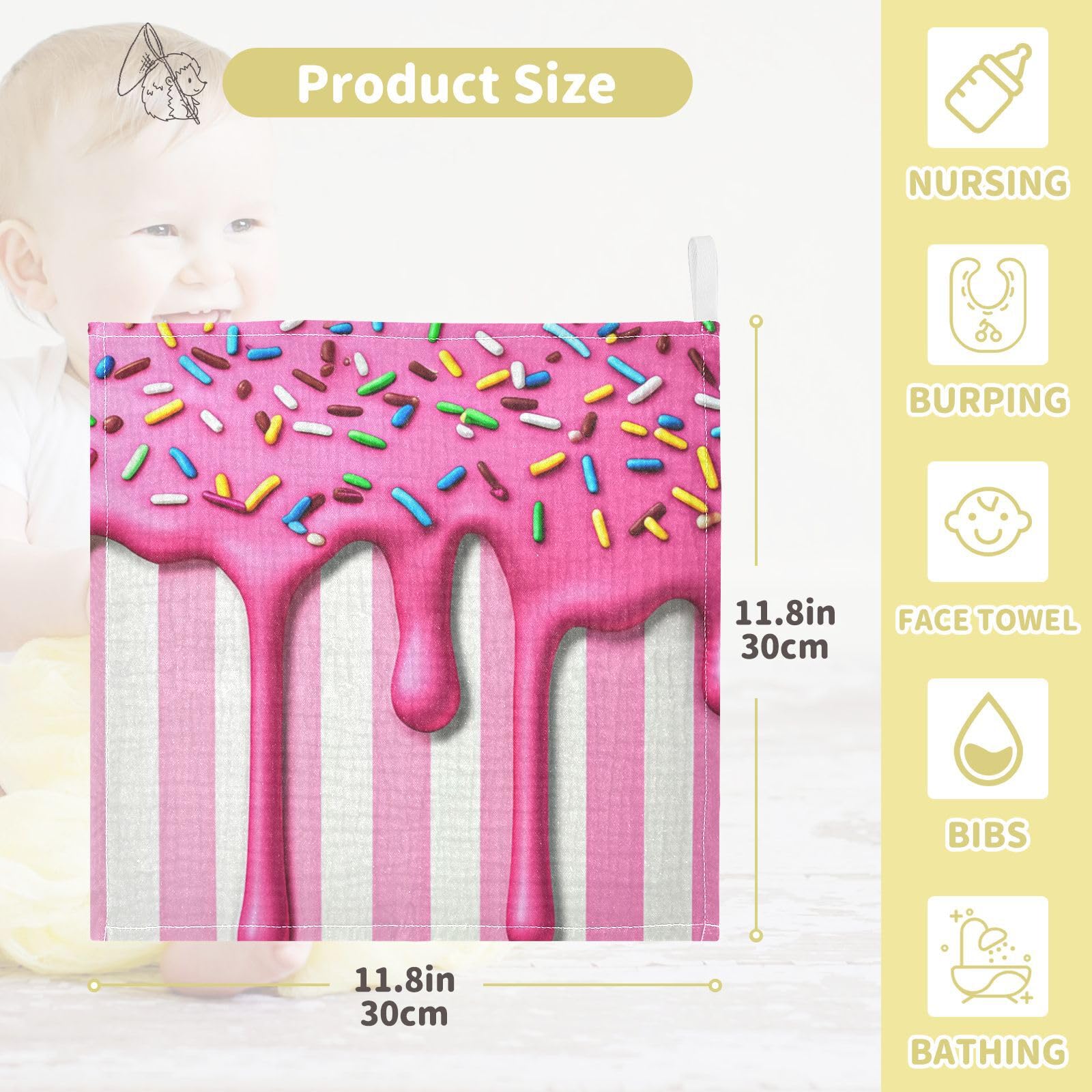 Kigai Ice Cream Baby Washcloths,3pcs Ultra Soft Absorbent Towel,Newborn Bath Face Towel, Natural Reusable Baby Wipes for Sensitive Skin, Baby Registry as Shower