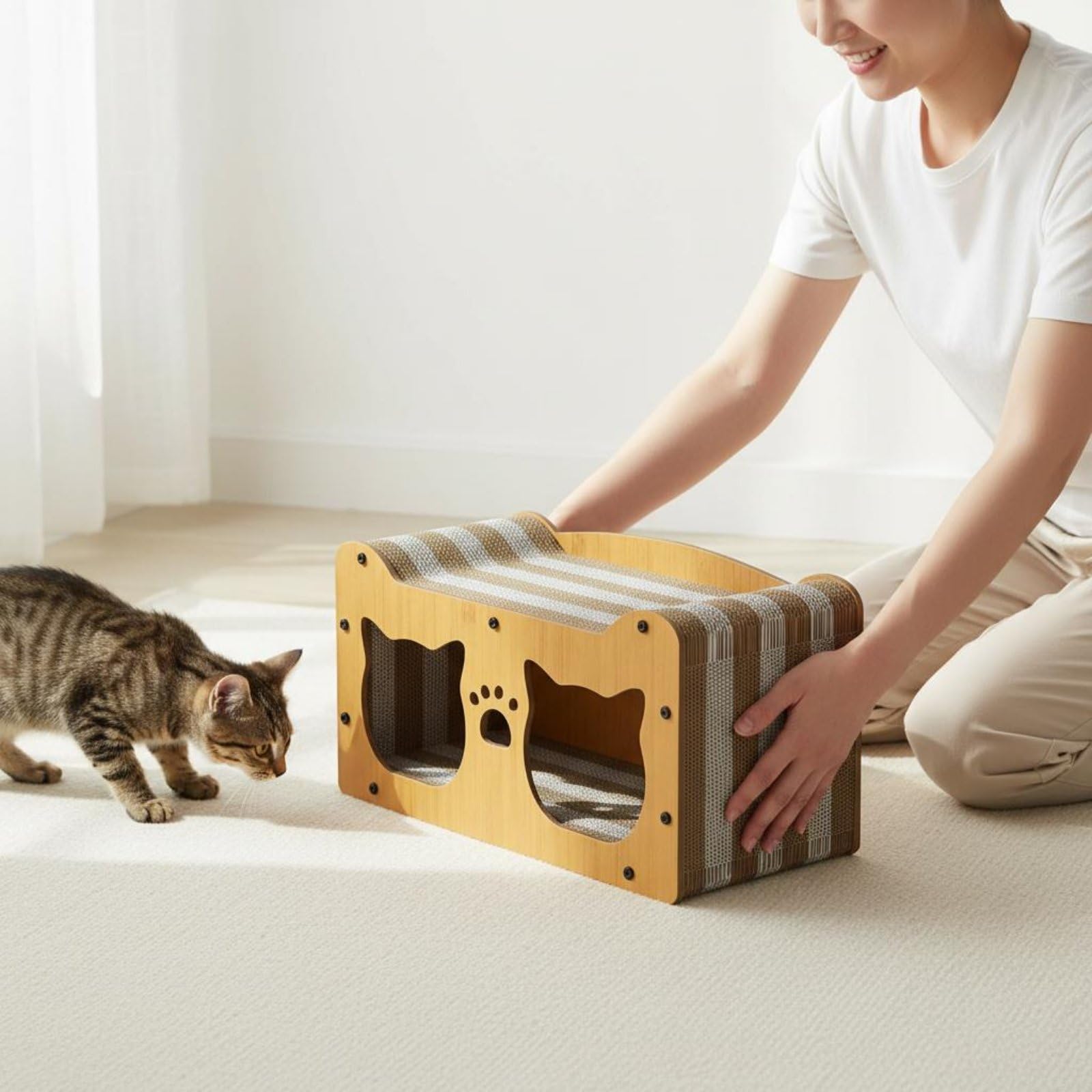 Jiuvaso Casa Tiragraffi per Gatti Rifugio Cuccia con Due Fori E Superficie Tiragraffi in Cartone Ondulato Struttura Stabile per Riposo E Adatta a Appartamenti, Bicolore, 56x30x29cm