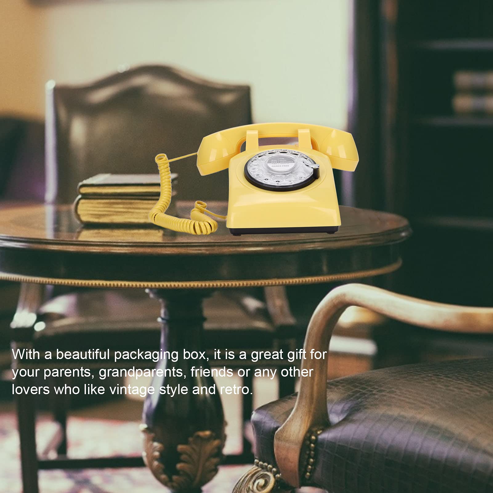 Telefono retrò, telefono fisso rotante, vecchio stile quadrante classico anni '60 vecchio telefono fisso cablato nero, giallo (verde)