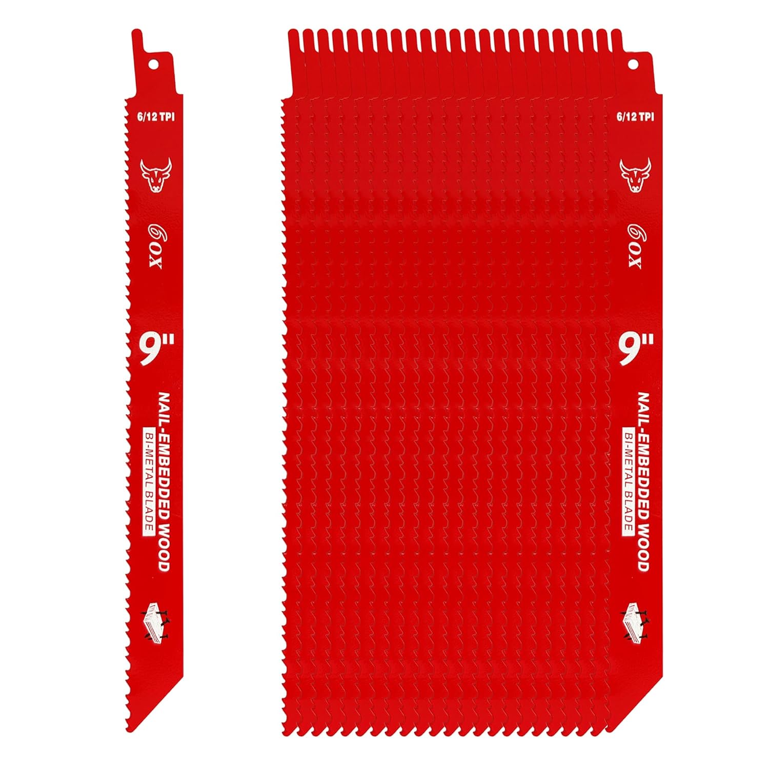 9 Inch Reciprocating Saw Blades for Nail-Embedded Wood Demolition, 6/12 TPI, Bi-Metal Sawzall Blade - 20 Pack