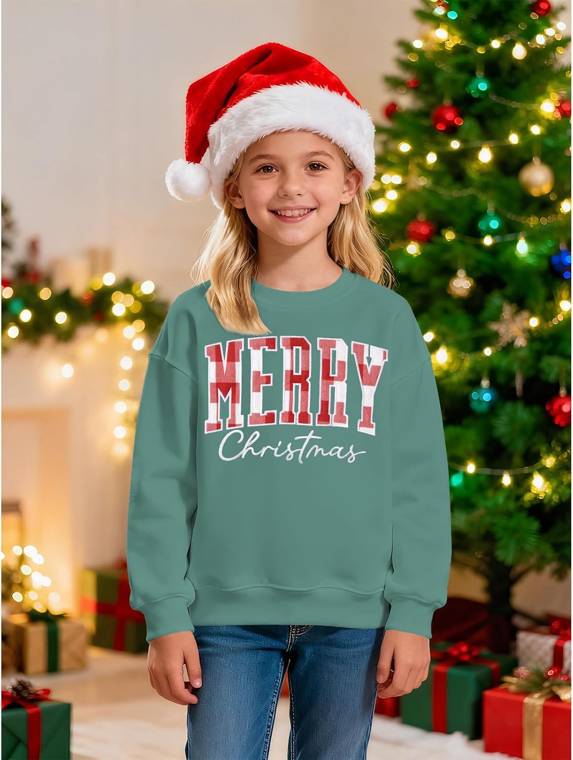 IZYJOY Kid Girl Christmas Sweatshirt Plaid Merry Christmas Shirt Long Sleeve Embroidery Patch Xmas Holiday Pullover Top 6-11Y