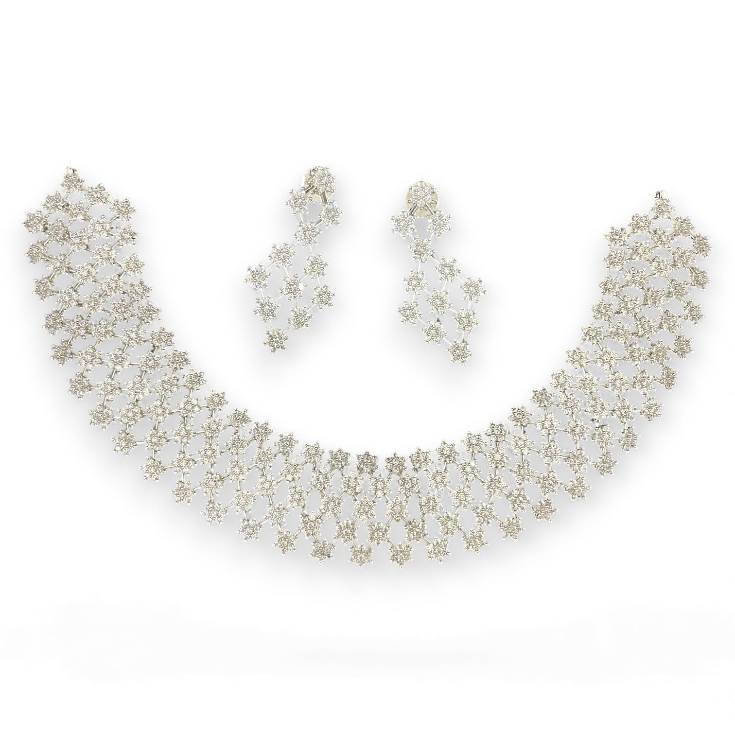 7 Stone Silver Necklace with matching Earrings | Elite Quality | (Rhodium) (Crystal White, 5 Line)