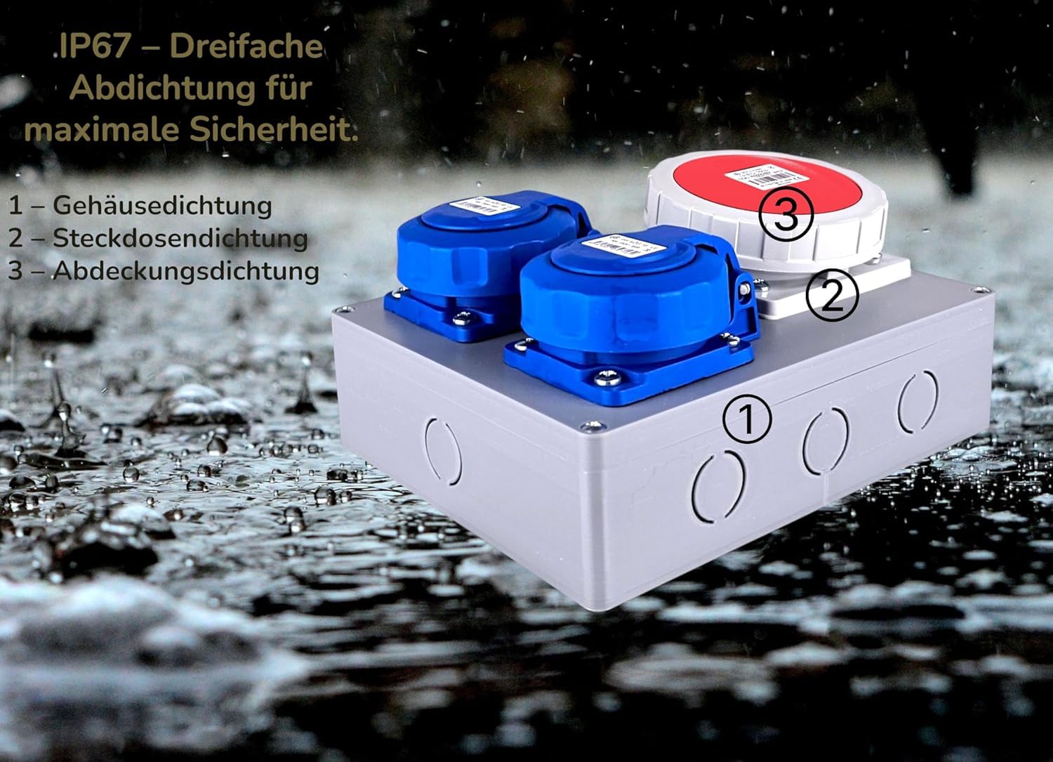 RoadEu – Steckdosenverteiler 2x Schuko 230V + CEE 16A 5-polig, Stromverteiler IP67 Wasserdicht, Außensteckdose mit Abdeckung, Baustromverteiler für Indoor/Outdoor