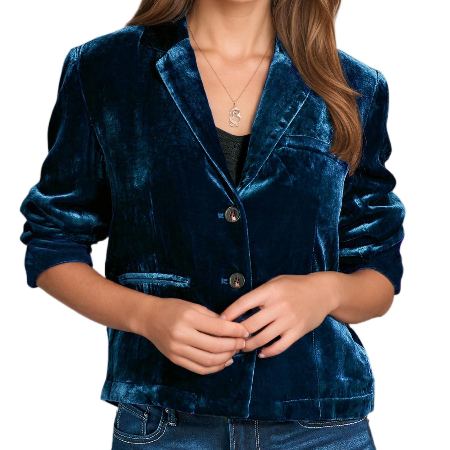Womens Velvet Blazer Casual Button Long Sleeve Notched Lapel Collar Cropped Suit Jacket Blazer with Pockets