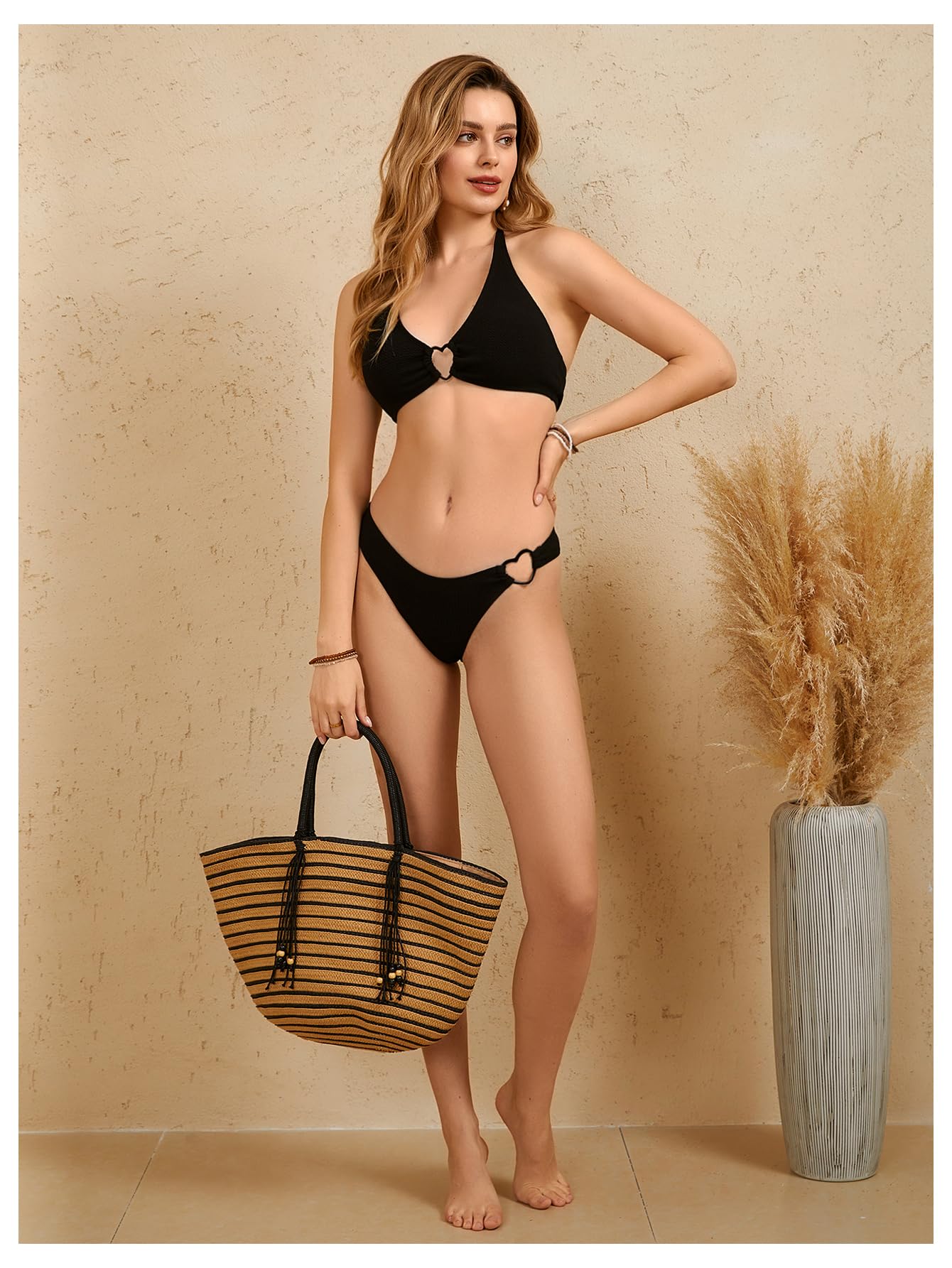 OYOANGLE Conjunto de bikini de 2 piezas para mujer, bonito anillo de corazón texturizado halter