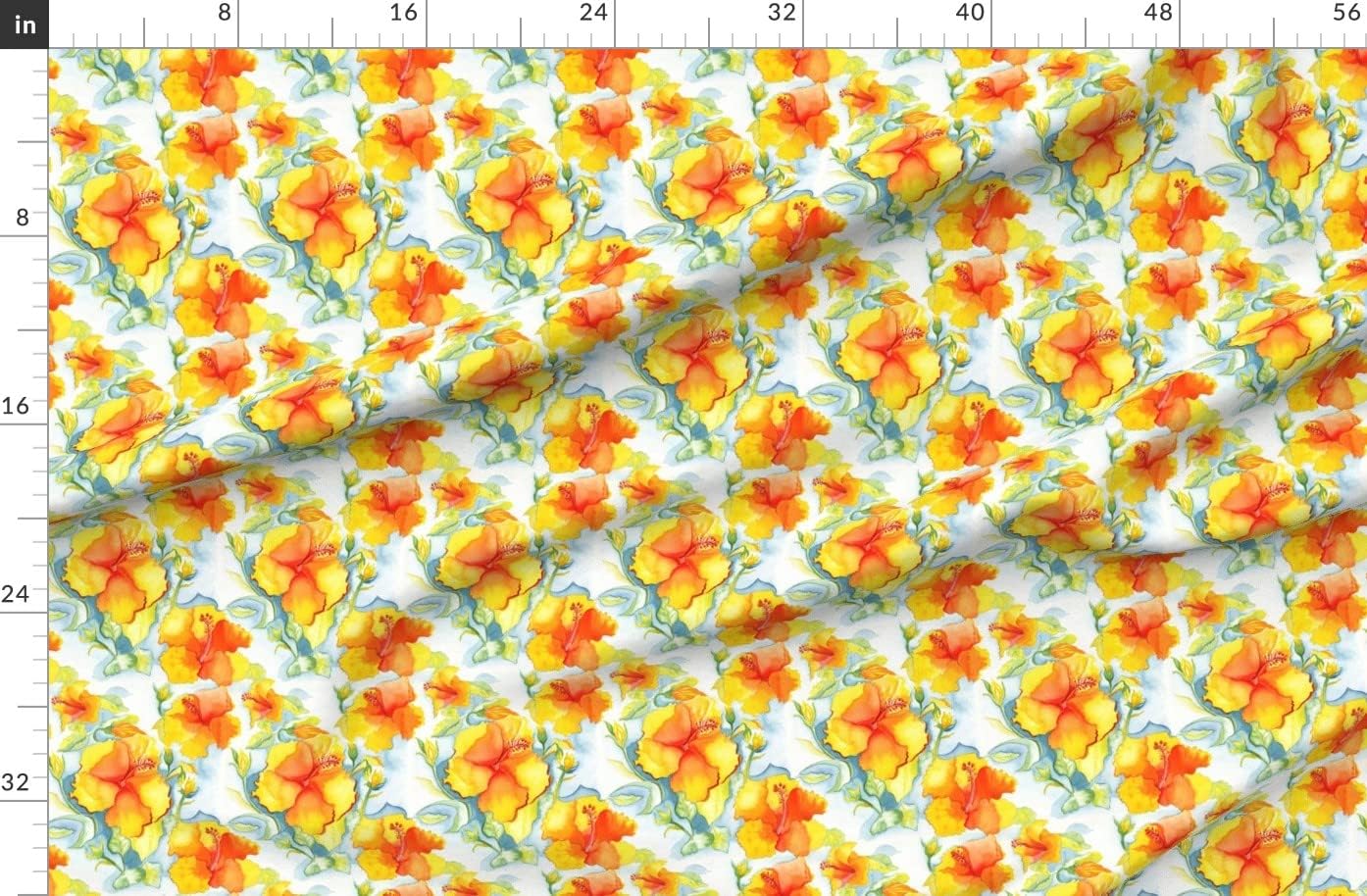 Spoonflower Fabric - Yellow Orange Hibiscus Watercolor Vibrant Tropical Colorful Floral Printed on Organic Cotton Sateen Fabric by The Yard - Sewing Quilting Apparel Home Decor