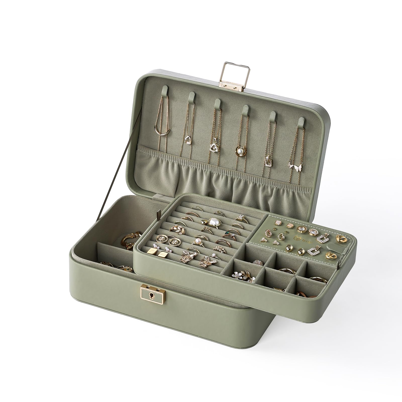 BIQI MUSSE Jewelry Box, 2-Layer Jewelry Holder Organizer with Lock, Removable Jewelry Tray for Earrings Necklaces Bracelets, Green