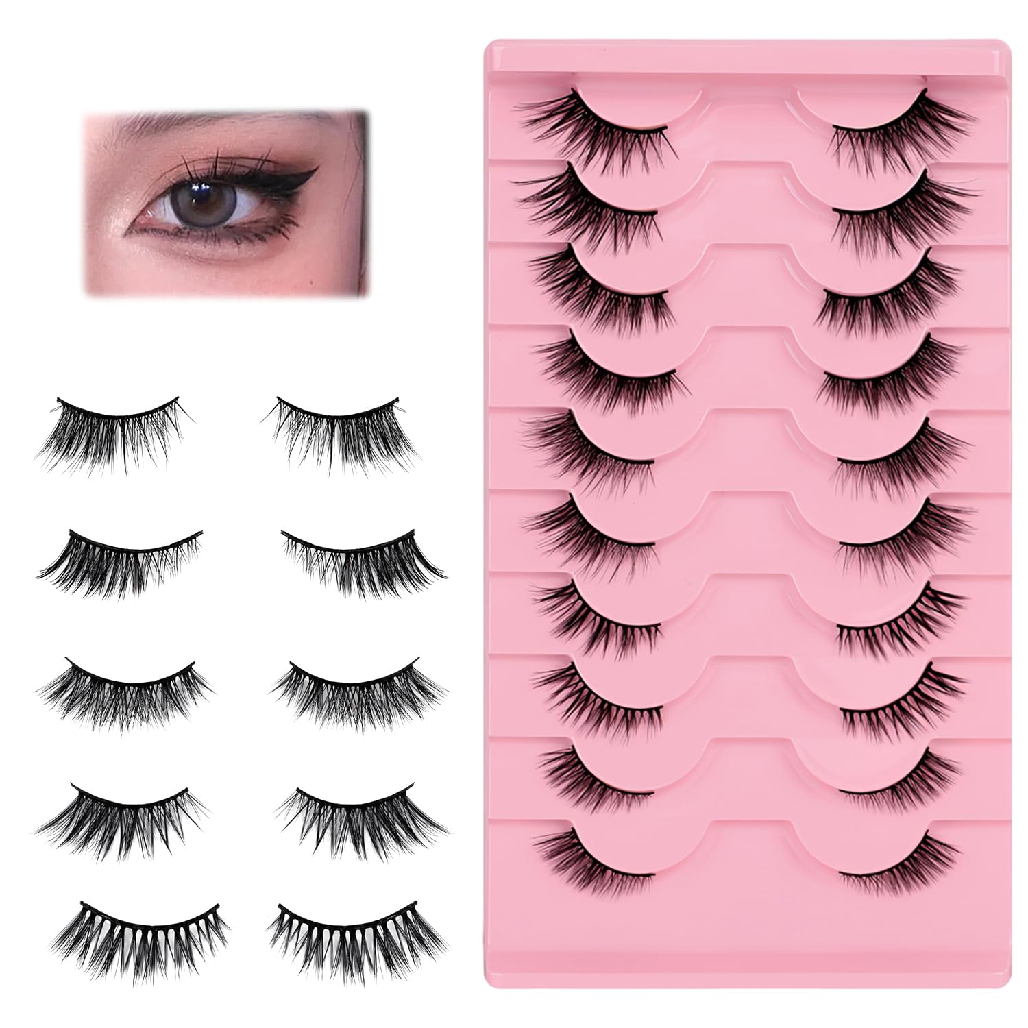 10 Pairs Half Eye Lashes for Women，Natural Cat mink Lashes Accent Corner Blend 3/4 False Eyelashes Fluffy-image-18