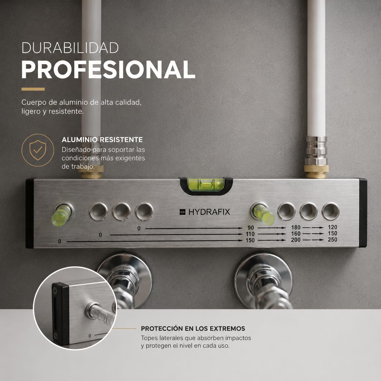 Nivel Fontanero Hydrafix Hydralevel 30 cm para Tomas de Agua | Aluminio resistente y ligero, 3 líneas de medición desde 0, precisión profesional 0,5 mm/m y ampollas de alta visibilidad.