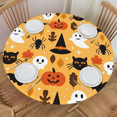 Delerain Mantel ajustable redondo de calabaza fantasma de Halloween, mantel redondo impermeable con borde elástico, lavable, para interiores y
