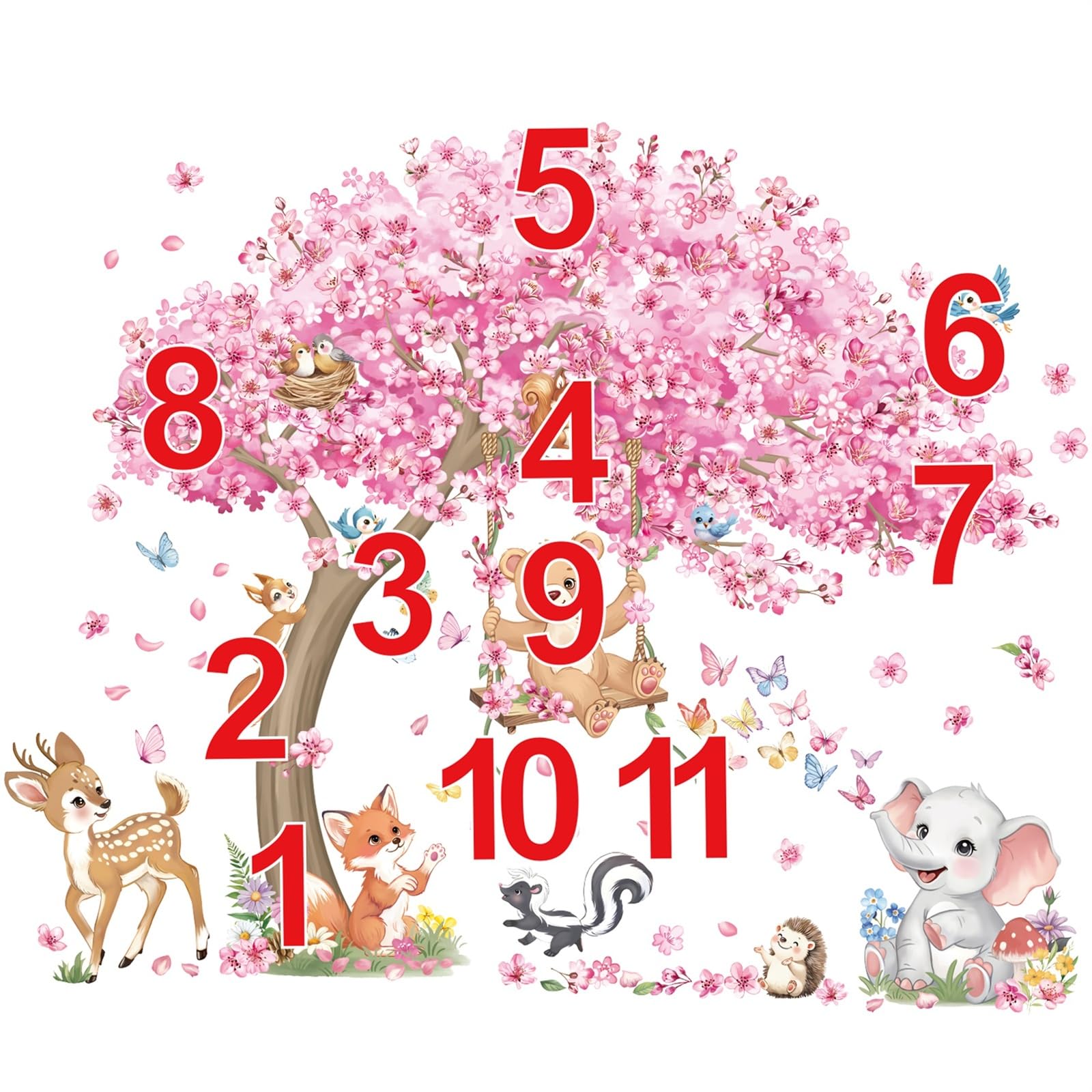 decalmile Stickers Muraux Animaux Bois Arbre Fleur de Cerisier Grand Autocollant Mural Animaux Forêt Cerf Renard Fleurs Rose Décoration Murale Bébé Fille Chambre Enfants Pépinière