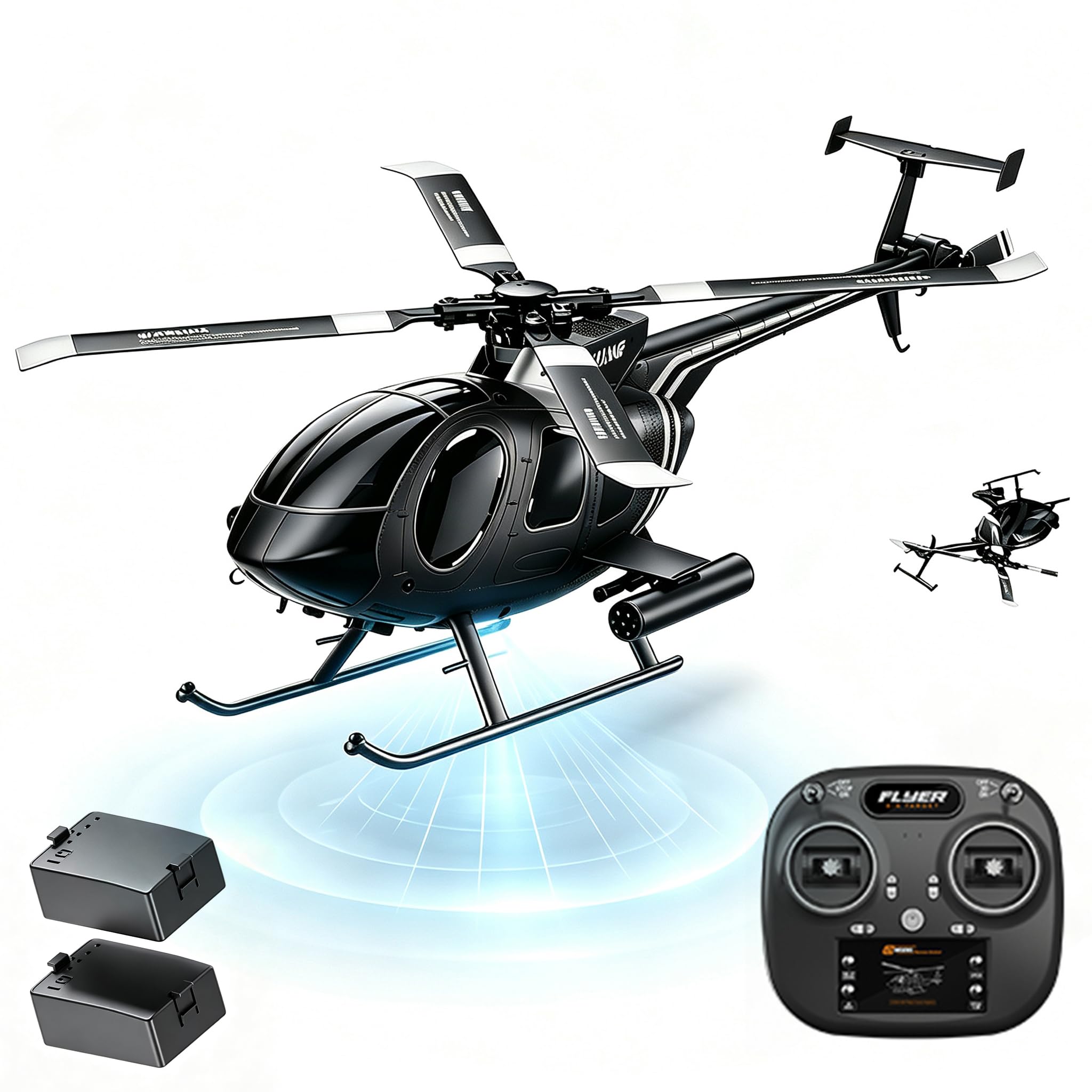 MD500 K300 Remote Controlled Helicopter 2.4Ghz 6CH RC Helicopter Heli Aileronless Brushless Motor Optical Flow Position Fly Upside Down 6-Axis Gyroscope 2-Batteries for Adults Beginners (RTF Black)