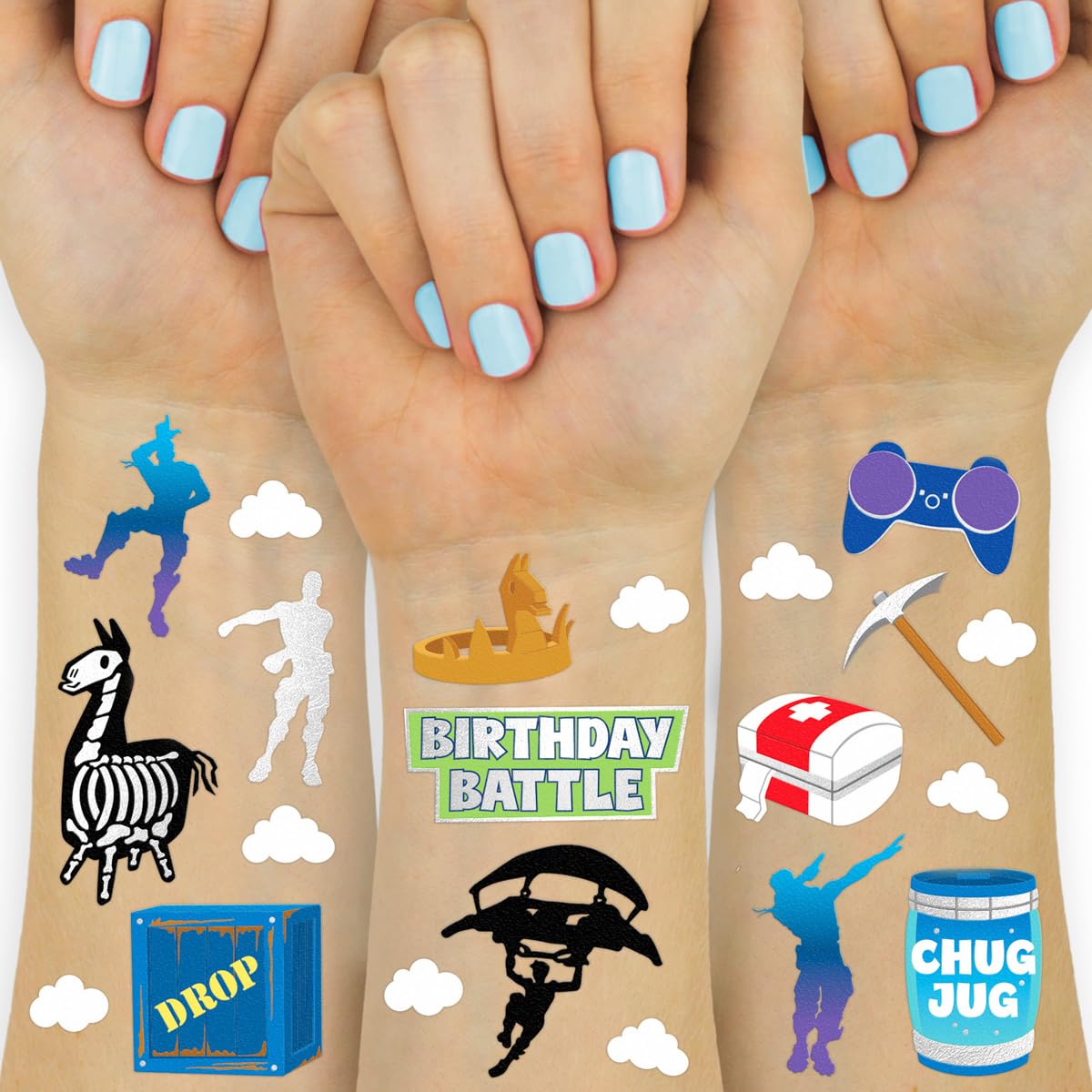 xo, Fetti Birthday Battle Gaming Temporary Tattoos - 50 Silver Foil Pcs | Video Game Accessory, Kids Party Favor, Fun Bday Activity