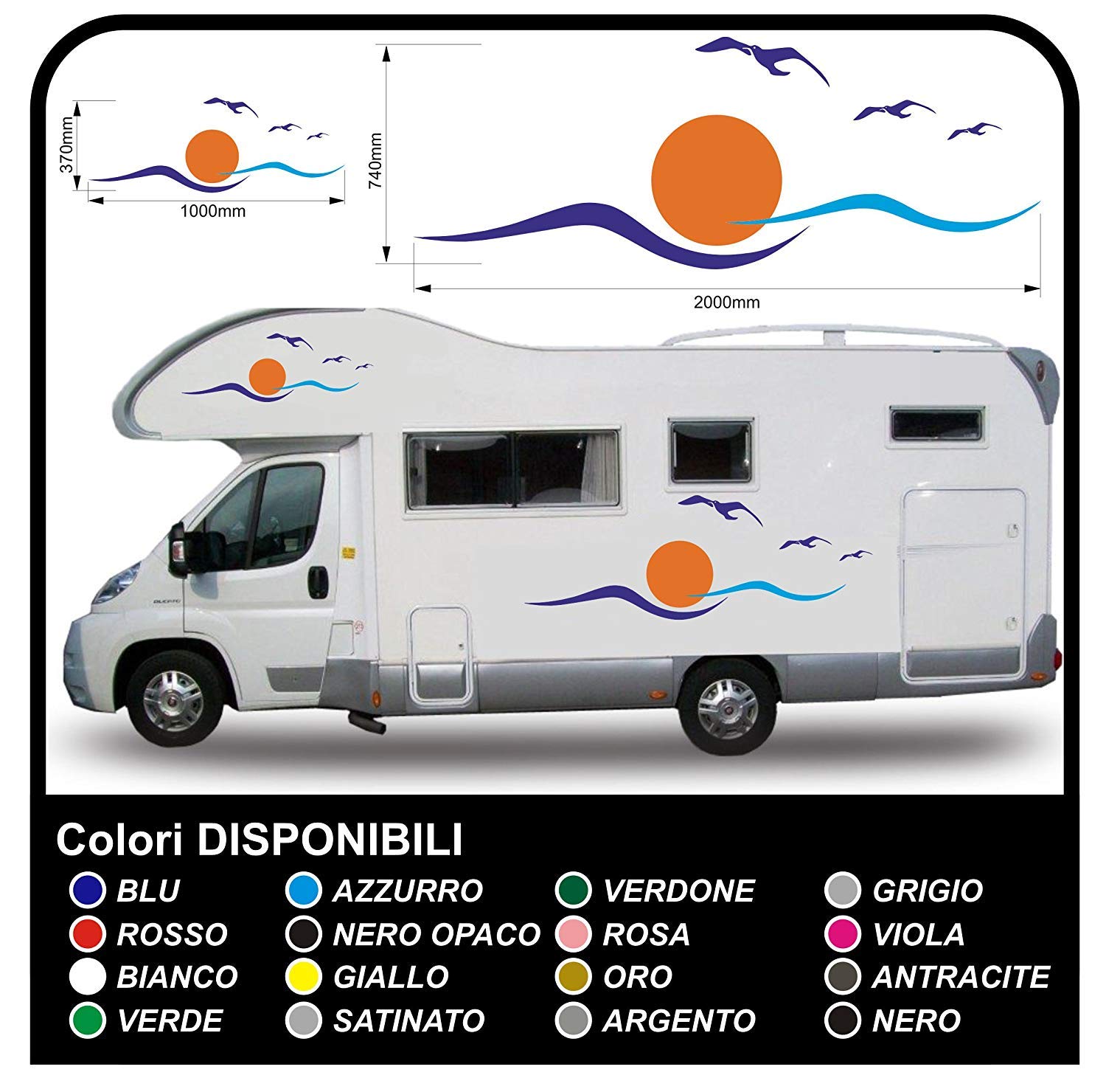 adesivi per CAMPER ROULOTTE CARAVAN grafica in vinile SOLE GABBIANI MARE CIELO kit completo Camper Van FURGONE roulotte - grafica 05 (ALTRI COLORI (CONTATTACI))