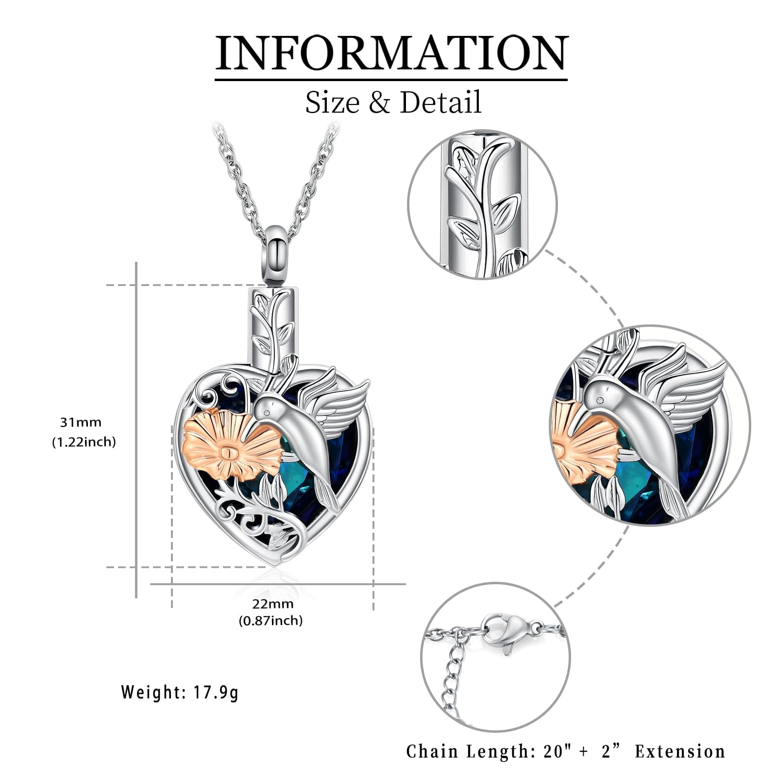 QGJNSGC Cremation Jewelry Hummingbird Urn Necklace for Ashes Necklace for Human Ashes Keepsake Memorial Cross Urn Necklaces for Ashes of Loved Ones Cat Pet (Silver Gold-blue) - Image 3