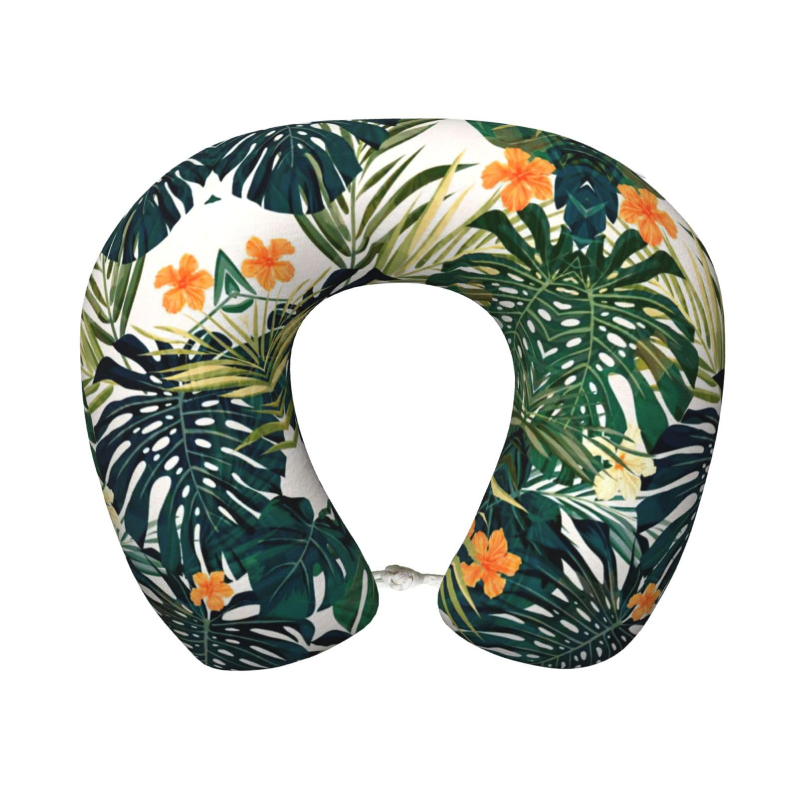 ASFgda U-Shape Memory Foam Tropical Summer Hawaiian Flower Palm Leaves Print Travel Pillow,Neck Support,Washable Cover For Airplane Car Home Office