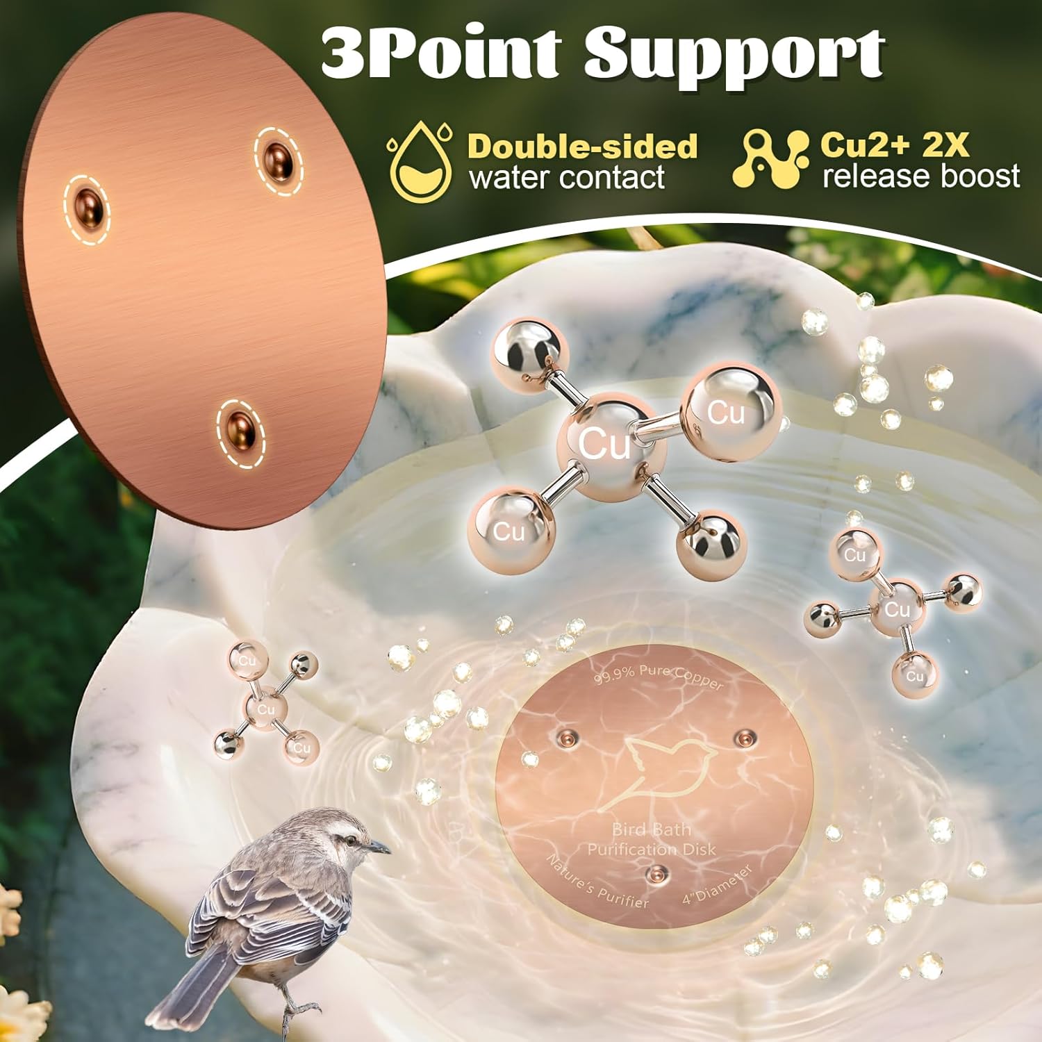 NNG 3 Pack Bird Bath Copper Disk,0.6mm Thick Reinforced 99.9% Pure Copper Bird Bath Purification Disk with Triple-Point Support,Physical Safe Water Cleaner for Outdoor Birdbaths Bowls,All-Season Use