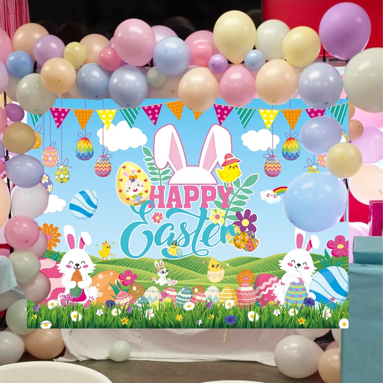 Happy Easter Backdrop Cartoon Colorful Eggs Bunny Rabbit Chick Floral Green Grass Spring Easter Photography Background for Kids Baby Shower Birthday Party Decor Banner Photo Props (6x4FT)