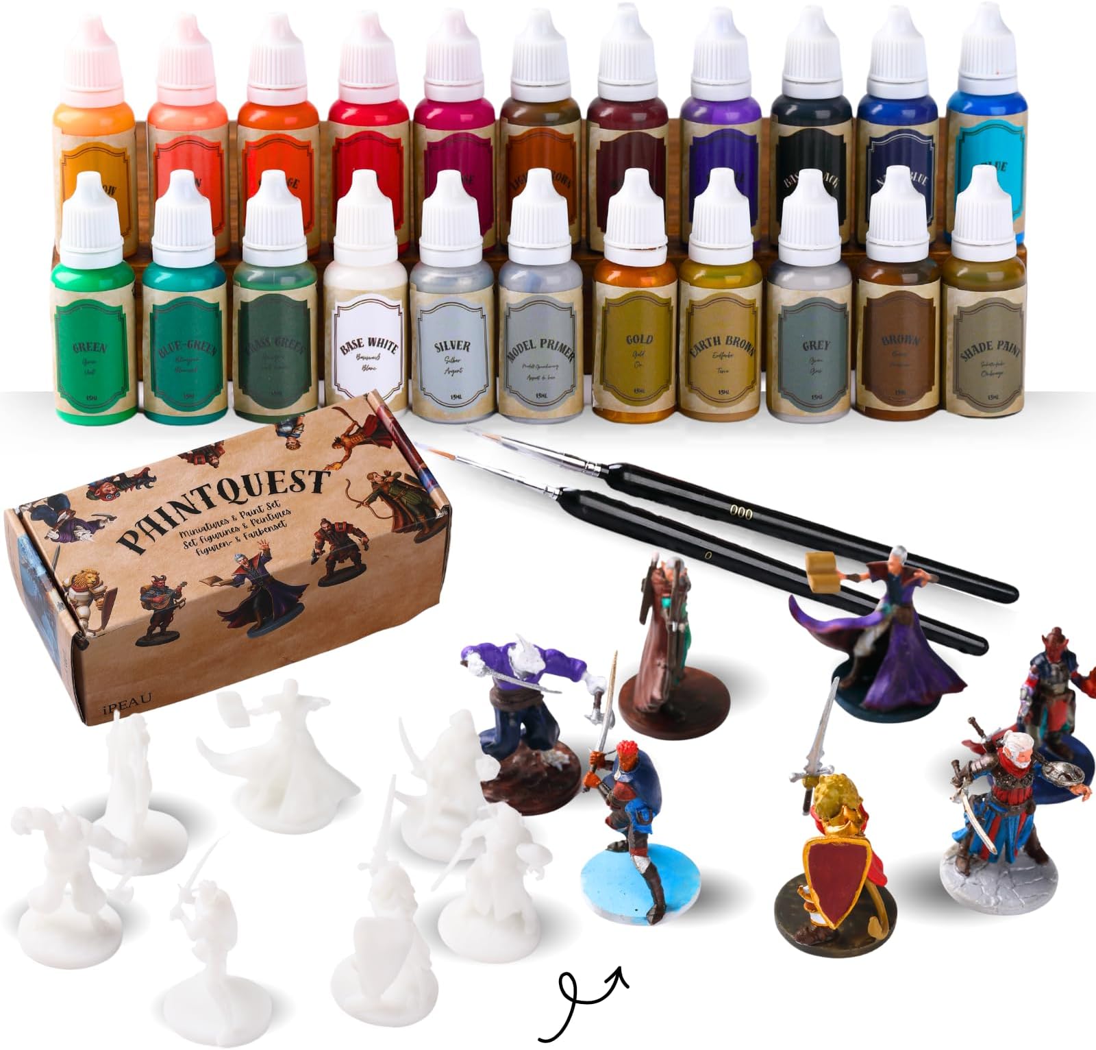 Acrylic Miniature Paint Kit-22 Waterbase Model Paint Beginner Set incl Metallic Gold&Silver Shade Brush-On Primer for DND War Hammer40K-Starter Painting Gift with 7 TTRPG Adventure Figures