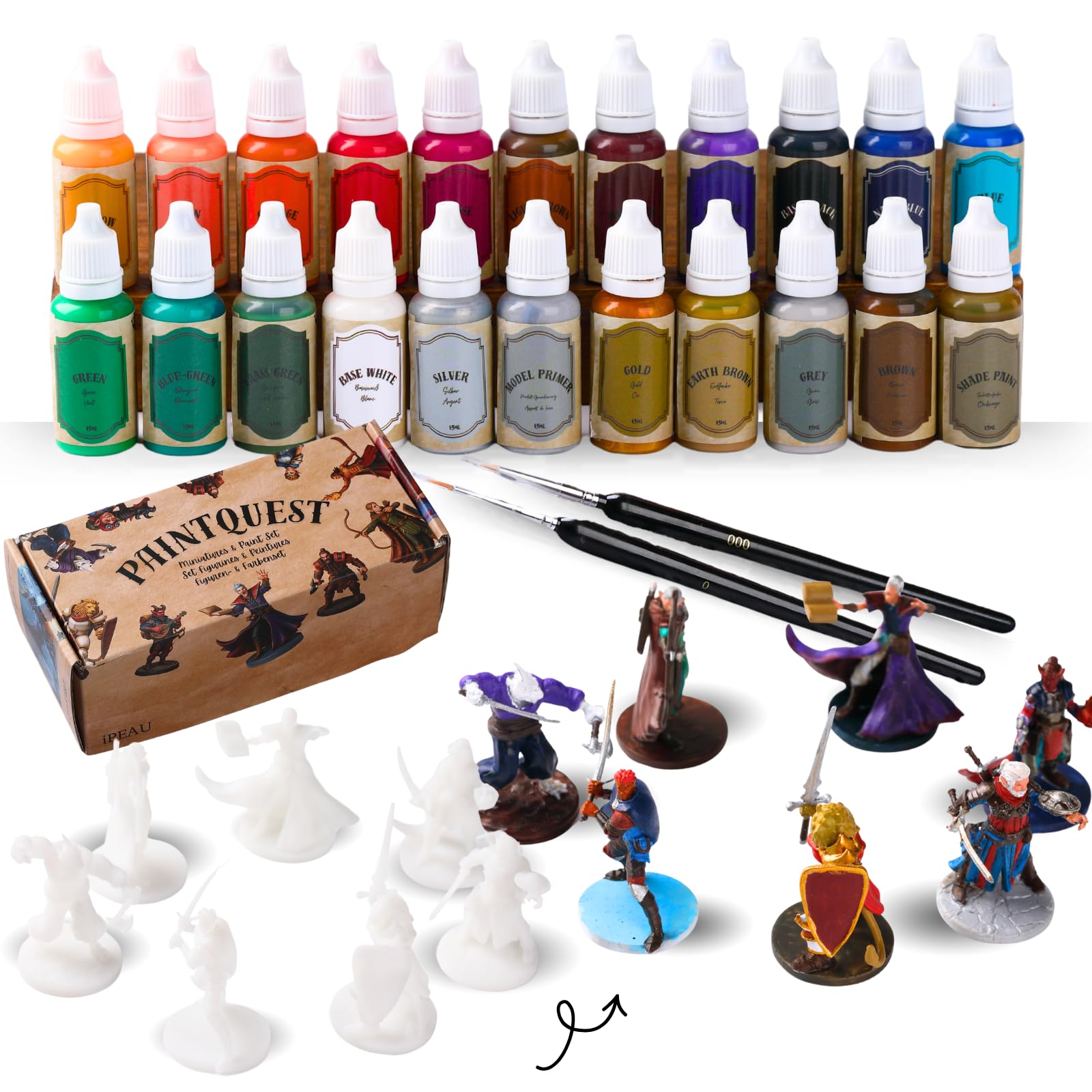 Kit Pintura Miniaturas DND-Set Inicio 22 Pinturas Agua Principiantes Incl Oro/Plata Metálicos Sombras y Primer Figuras DND War Hammer40K Regalo Ideal 7 Figuras Aventuras TTRPG