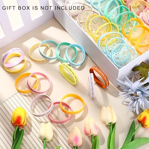 Miniatura 10 de Roowest 120 pulseras motivacionales a granel para estudiantes, bandas de goma inspiradoras, pulseras de silicona de afirmación elástica, premios de