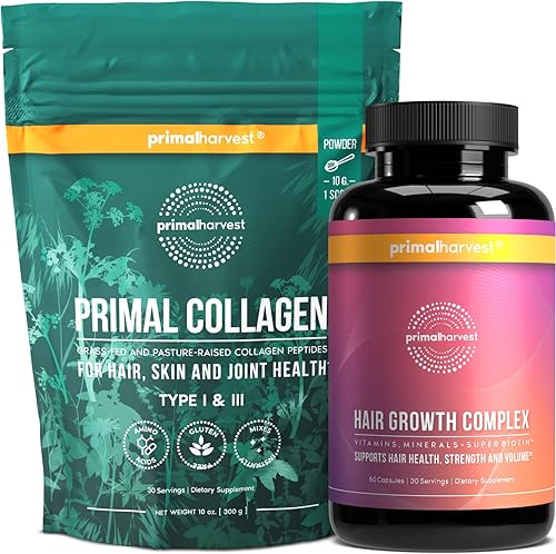 Primal Harvest Cápsulas de colágeno en polvo y crecimiento del cabello, suplementos para mujeres y hombres, péptidos de colágeno en polvo para el