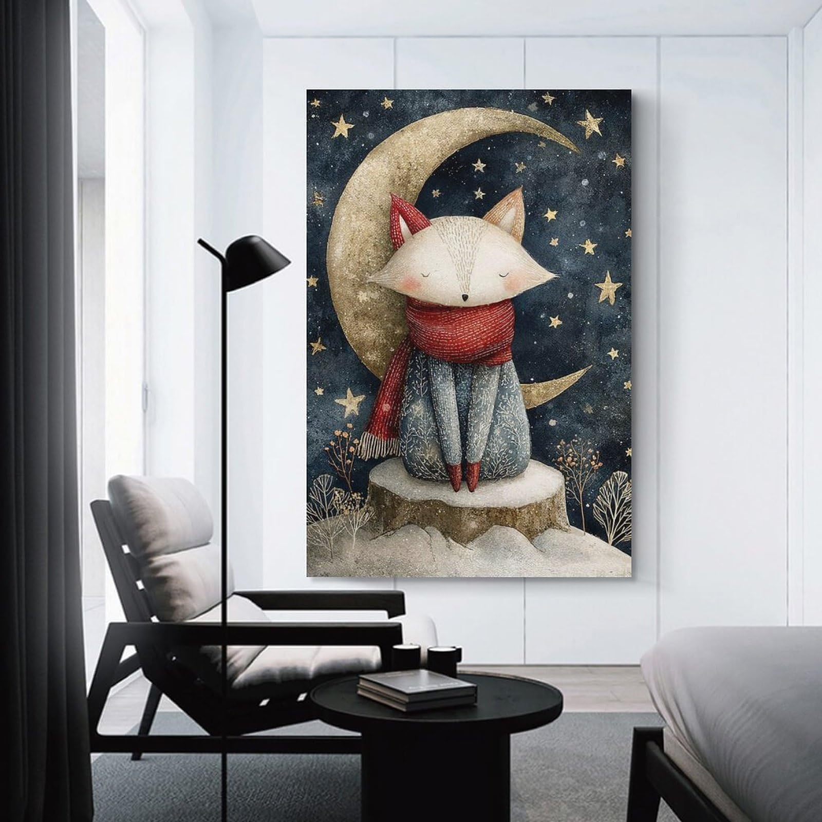 Junmoney Unframe-Style-8 Fox On The Moon Watercolor Illustration Home Decor Wall Art 24X36inch(60X90cm), For Bedroom, Guest Room Or Reading Nook, Decorative Wall Art For Cosy Rooms