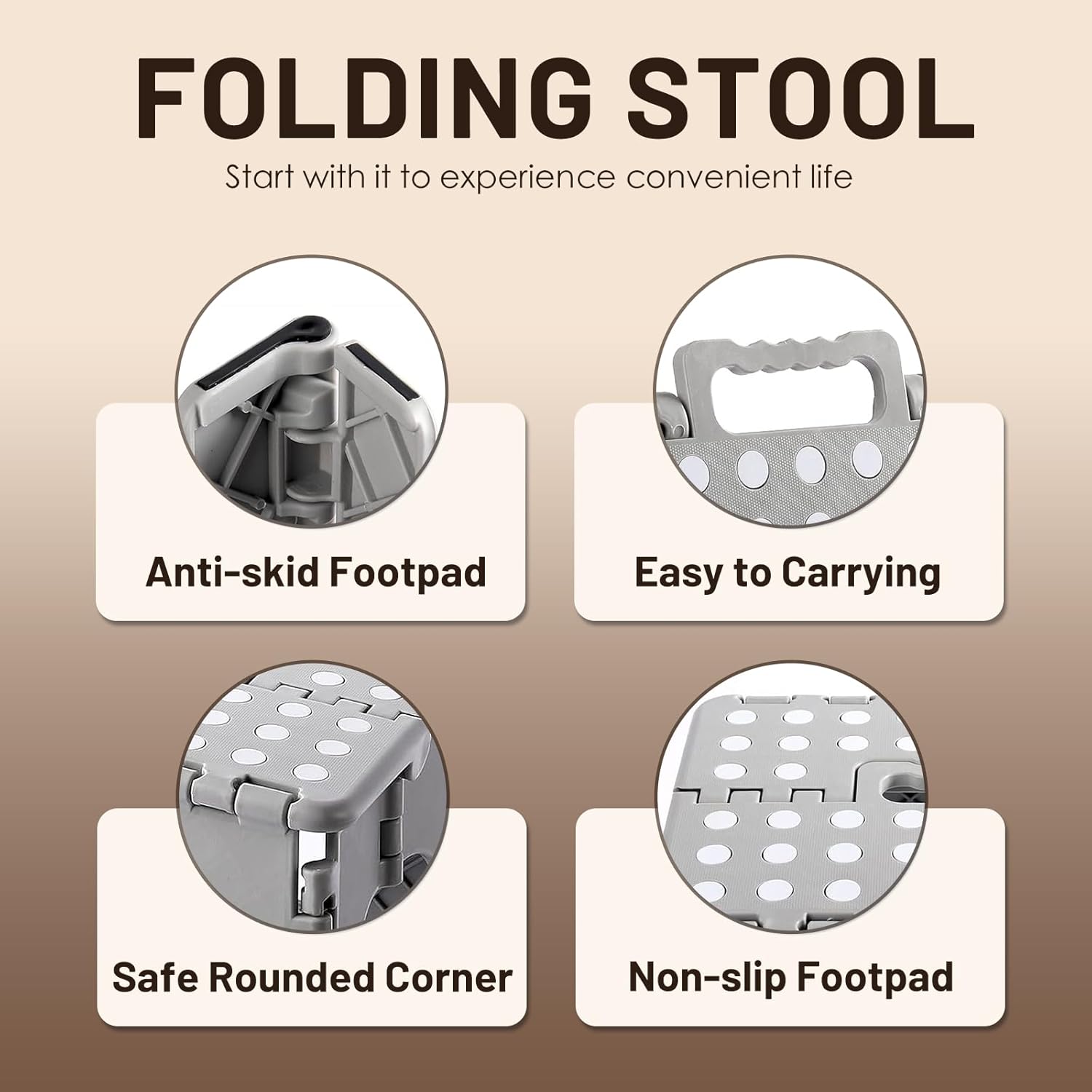 Folding Step Stool, 11 Inch Foot Stool for Kids Adults - Holds Up to 330 lbs, Lightweight Foldable Step Stool with Anti-Slip Surface, Carry Handle for Home Indoor Outdoor (Light Grey)