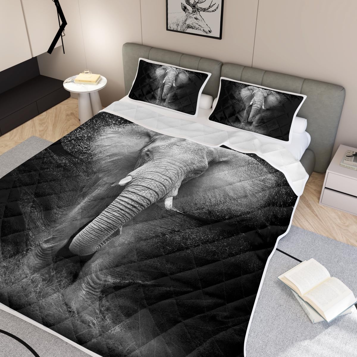 MILANKET 3 Piece Elephant Quilt Set, Black and Gray African Elephant Pattern Bedspread, Microfiber Soft Quilt Coverlet Set with Decor Pillow, Elephant Gifts for Kids Women Men (King)