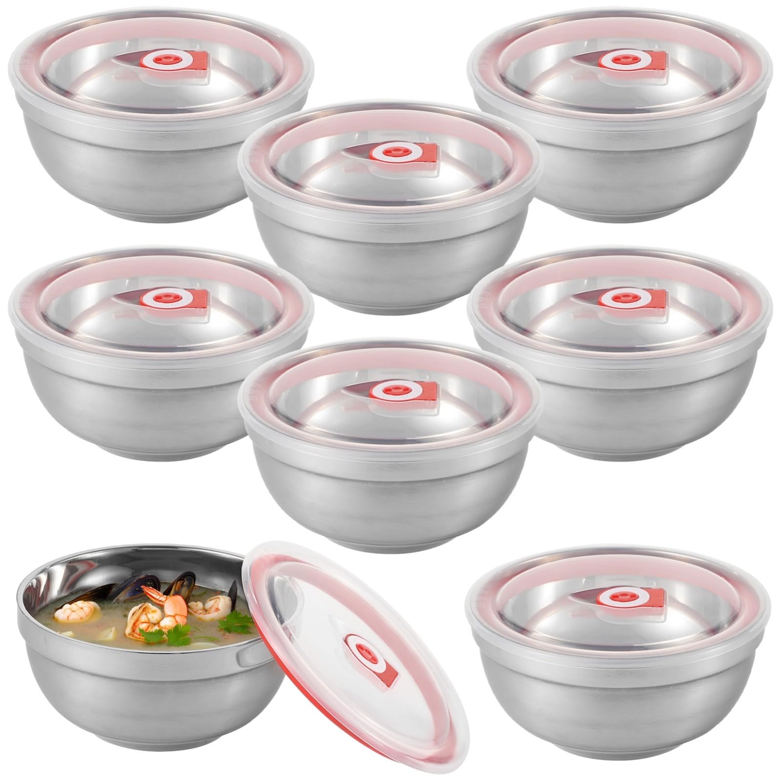 8-teiliges Edelstahl-Schüssel-Set mit Deckel, doppelwandig isoliert für Suppe, Nudeln und Reis, sicher, leicht zu reinigen