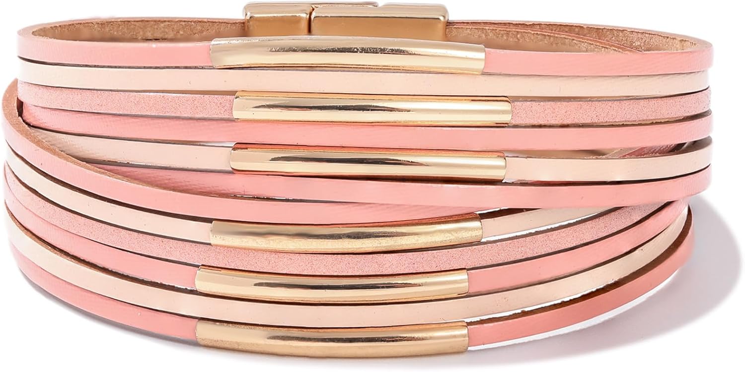 FANCY SHINY Boho Leather Bangle Bracelets Stackable Noodle Tube Bracelets Layered Wrap Cuff Bracelets with Magnetic Clasp