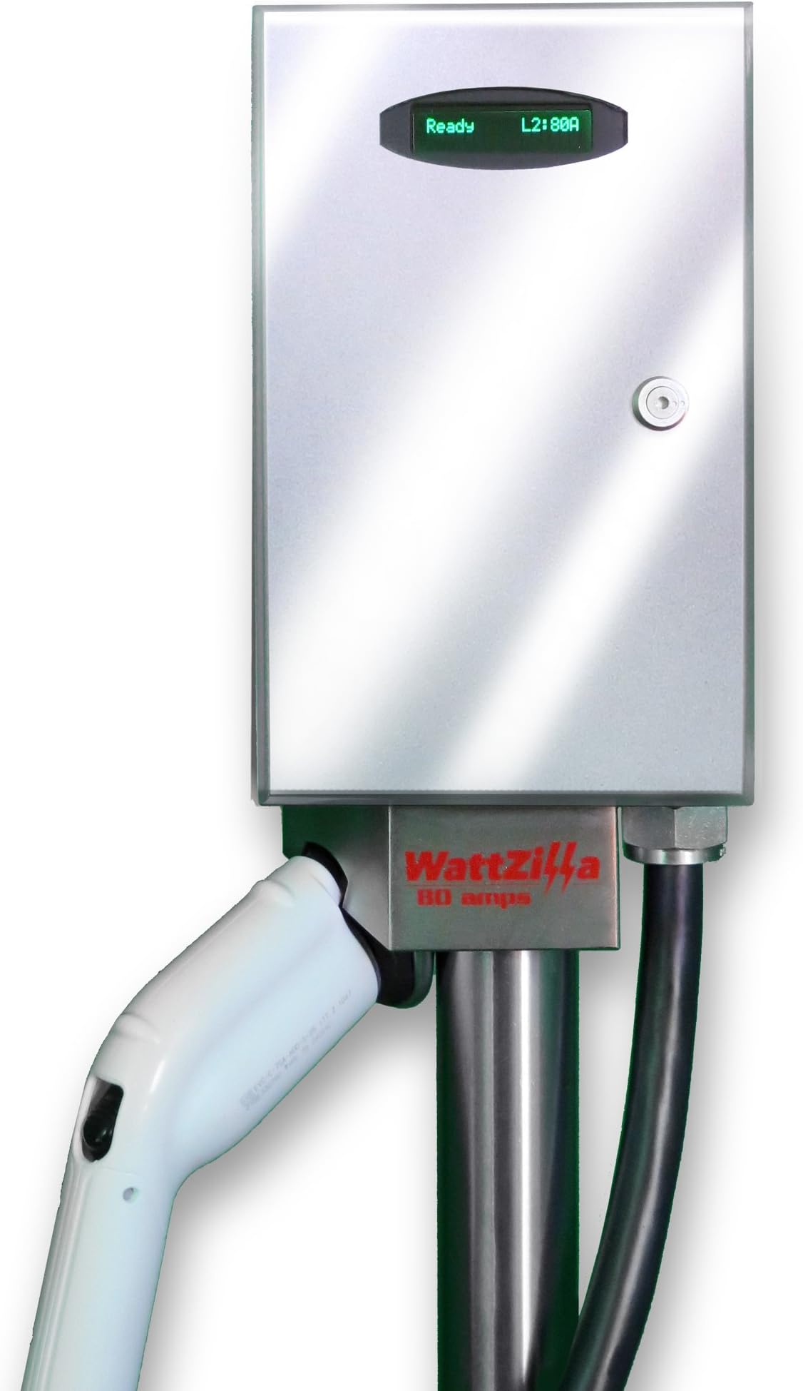 WattZilla-UNO: Level 2, 80 Amp EVSE, 25' J1772 Charging Cable w/Cable Management System, Type 4X Outdoor Enclosure, Stainless Steel Pole Mount Kit, Mirror Finish, 80 Amp, UL Listed, Made in The USA