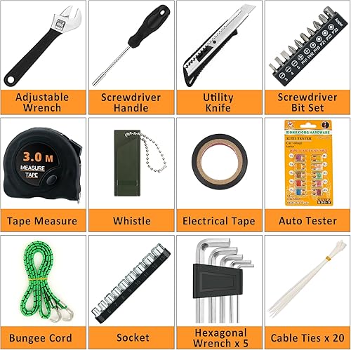 Miniatura 8 de AUTODECO Kit de asistencia de emergencia para automóvil con compresor de aire portátil, cables de puente, martillo de seguridad, todo en uno, juego