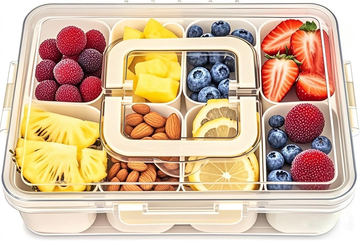 1 Pack Snackle Box, Divided Snack Tray with Lid and Handle, Tray 8 Removable Compartment Box, Reusable Snack Boxes for, Spices, Candy, Fruits, Nuts (1 Pack Square Handle)