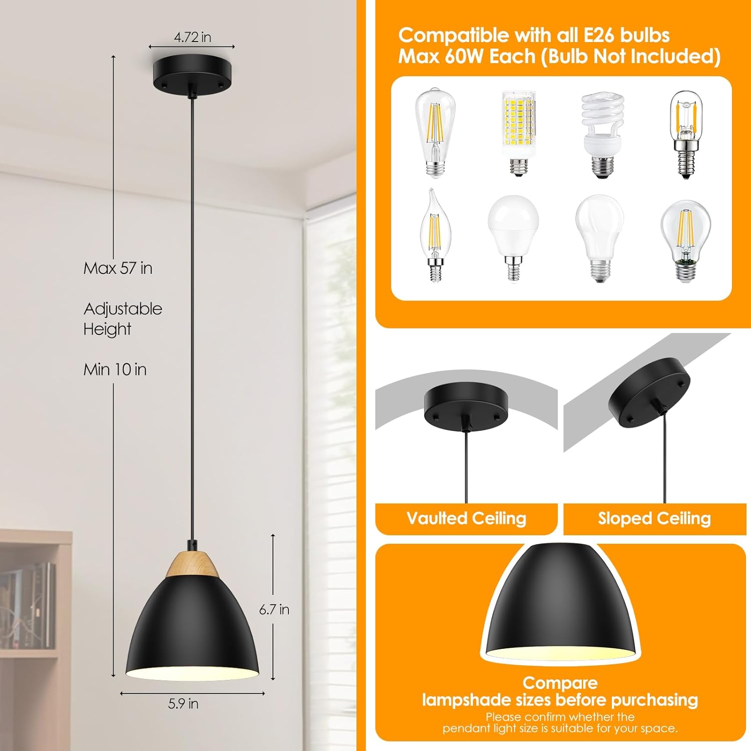 3 Pack Pendant Lights for Kitchen Island, 5.9" Cone Metal Shade Adjustable Height Black Small Hanging Lamps for Dining Room Light Fixtures Over Table Modern Ceiling Fixture