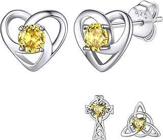 Bestyle 925 Sterling Silver Celtic Earring with Stones for Women, Dianty Cute Small Celtic Knot Birthstone Studs Love Infi...