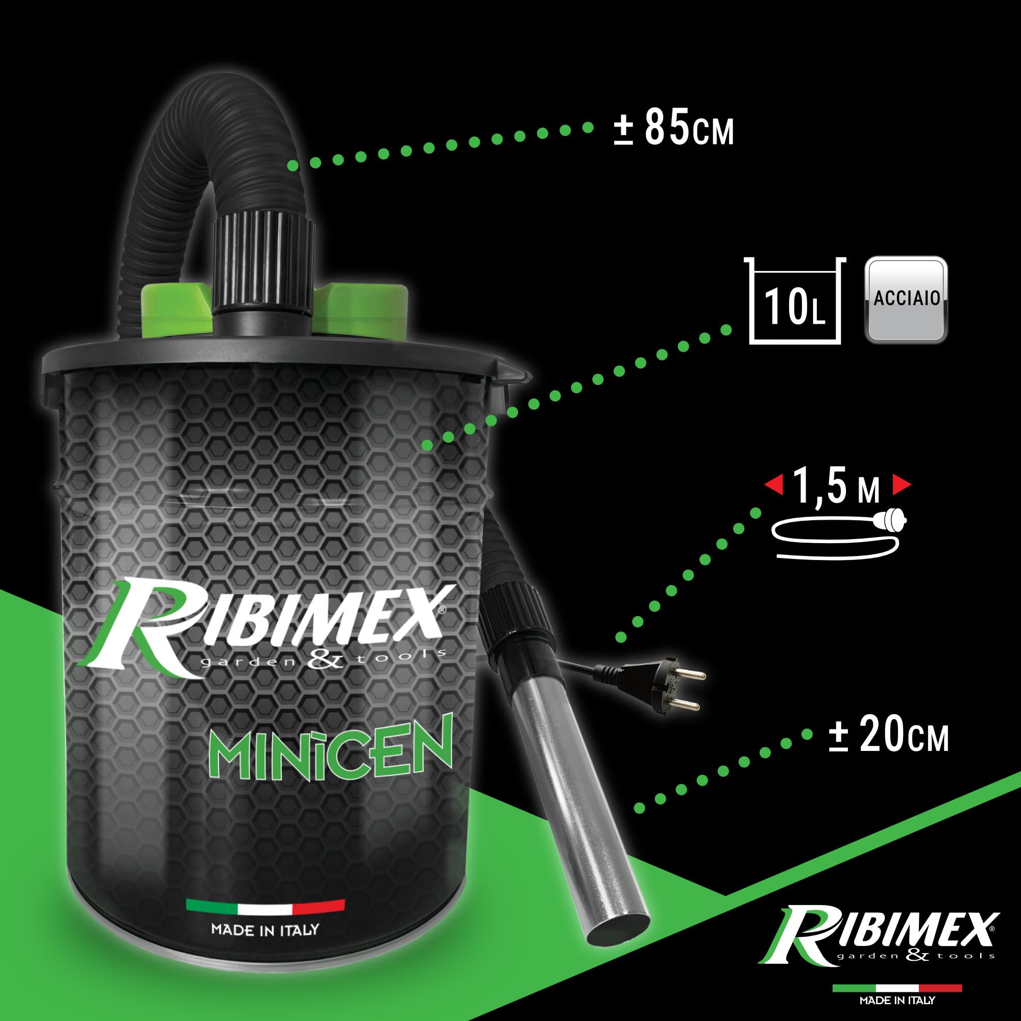 Ribimex Aspiracenere Elettrico Minicen Speciale Pellet, con Filtro HEPA Lavabile, Bidone da 10 L, Potenza 800 W, Ideale per Aspirare Ceneri Fredde da Stufe a Pellet, Accessori Inclusi - PRCEN011/KIT