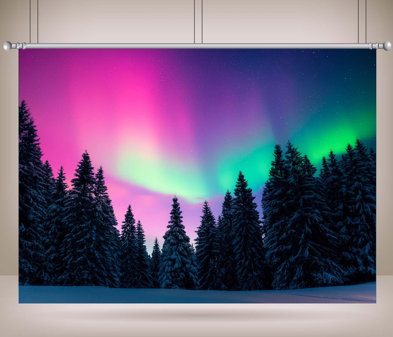 Stoff 3x2,5m (10x8FT) Nordlichter Schneewald Fotohintergrund Rosa Grüner Himmel Kiefern Kulisse für Winter Feiertag Porträt Familie Erwachsene