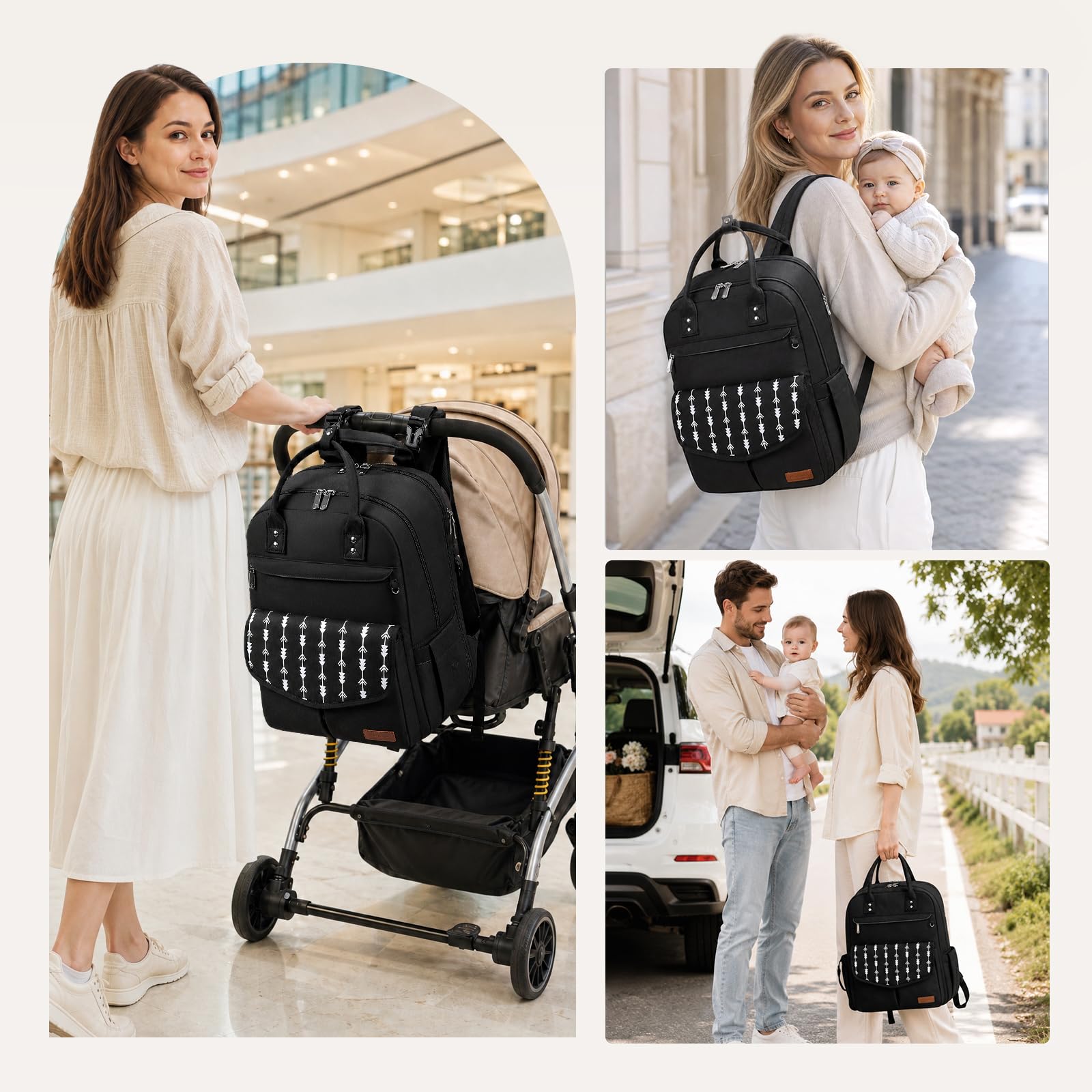RAINSMORE Zaino fasciatoio neonato con fasciatoio portatile nero | Zaino fasciatoio impermeabile con porta ciuccio, tasche termiche, accesso biberon una mano e cinghie passeggino integrate